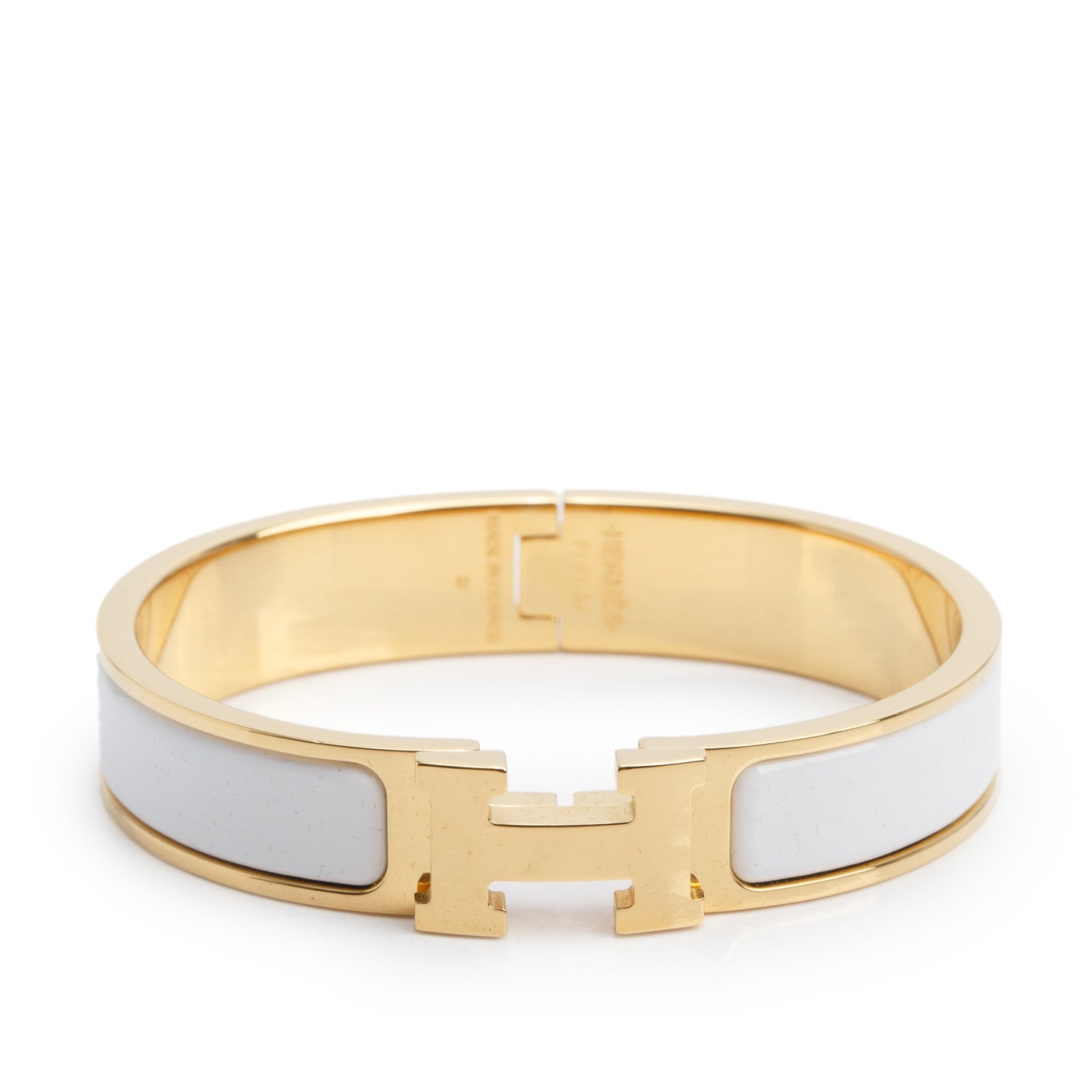 Hermes Gold Plated White Enamel 12 MM Clic H Bracelet w/ Box