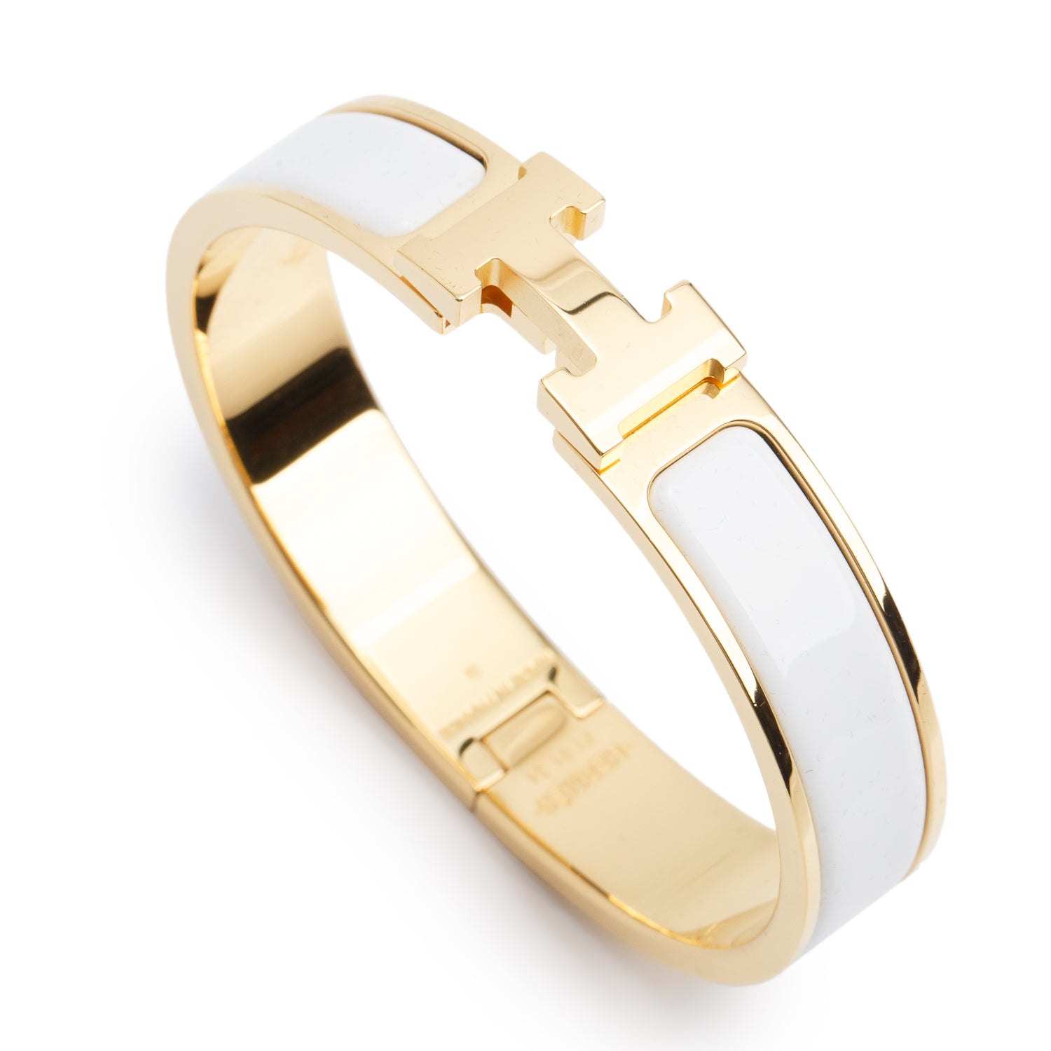 Hermes Gold Plated White Enamel 12 MM Clic H Bracelet w/ Box