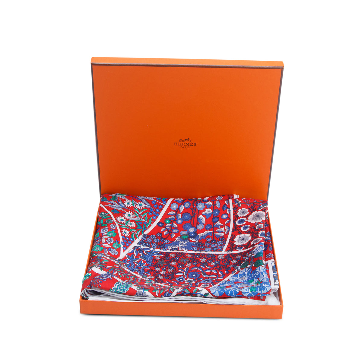 Hermes Red & Multicolor 'Fleurs de Giverny' Silk Scarf 90 w/ Box