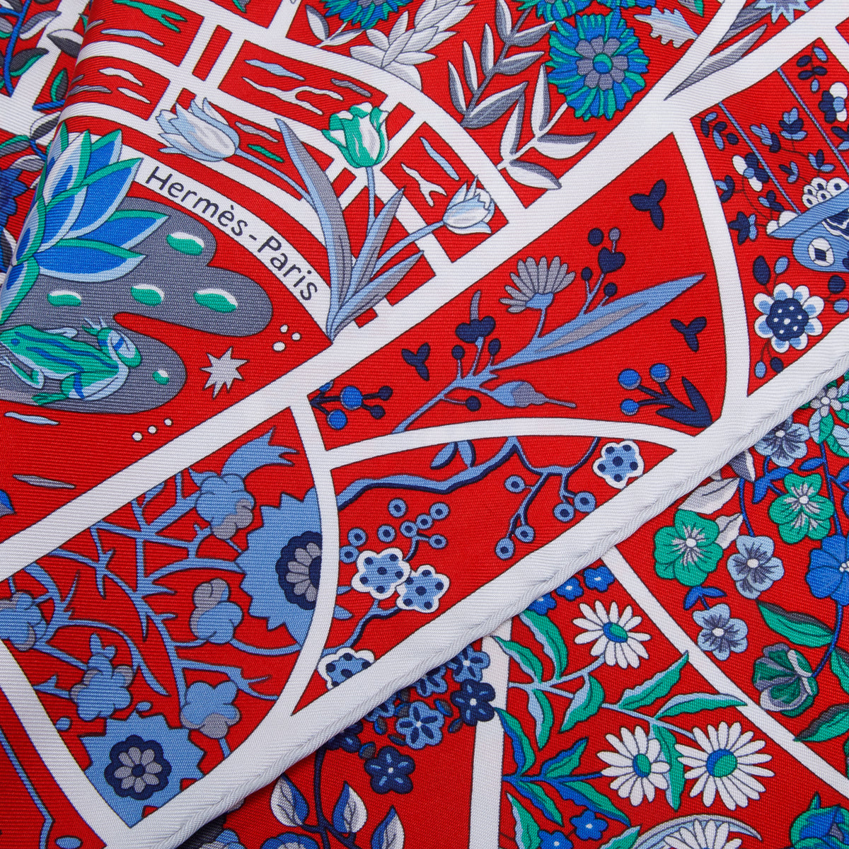 Hermes Red & Multicolor 'Fleurs de Giverny' Silk Scarf 90 w/ Box