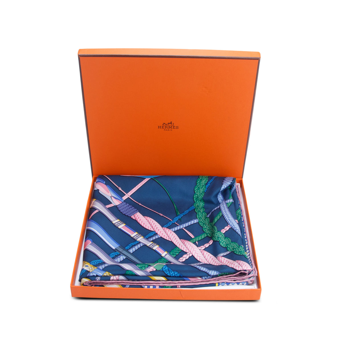 Hermes Blue & Multicolor 'Fouets et Badines' Silk Scarf 90 w/ Box