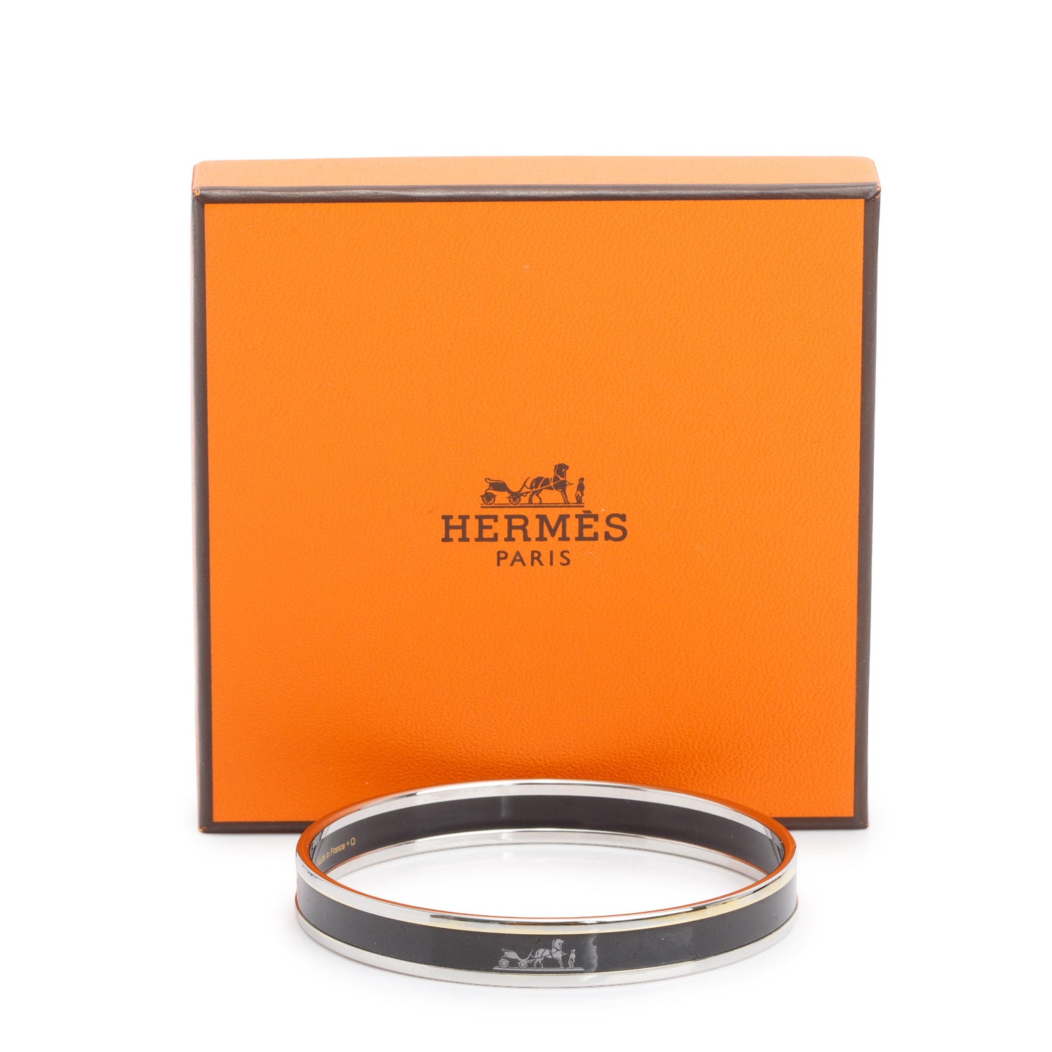 Hermes Palladium-Plated Black 'Caleche' Enamel Extra Narrow Bangle w/ Box