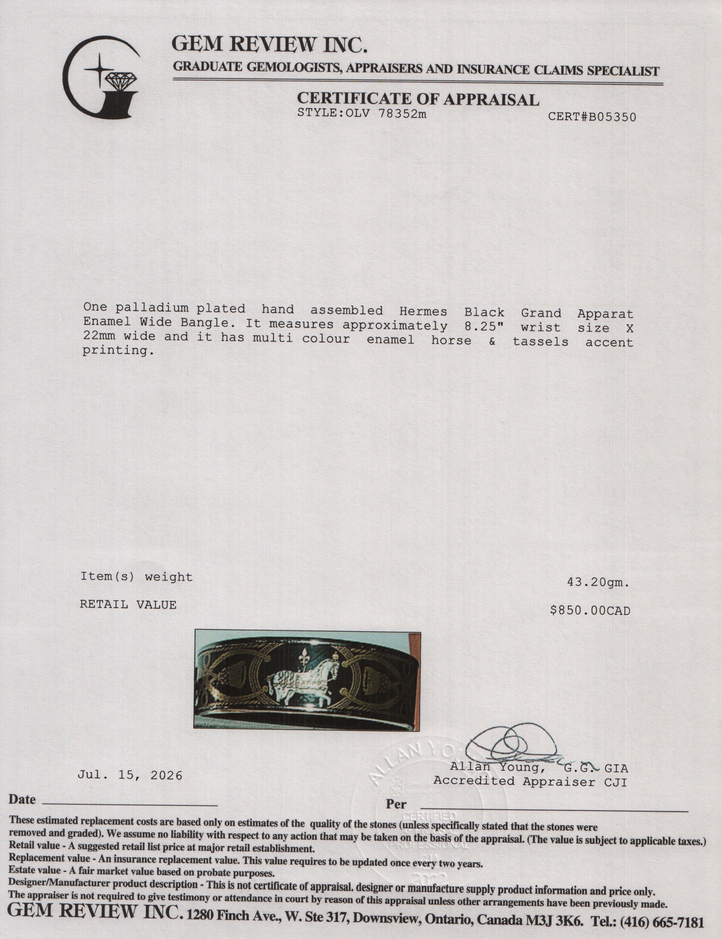 Hermes Palladium-Plated Black Grand Apparat Enamel Wide Bangle
