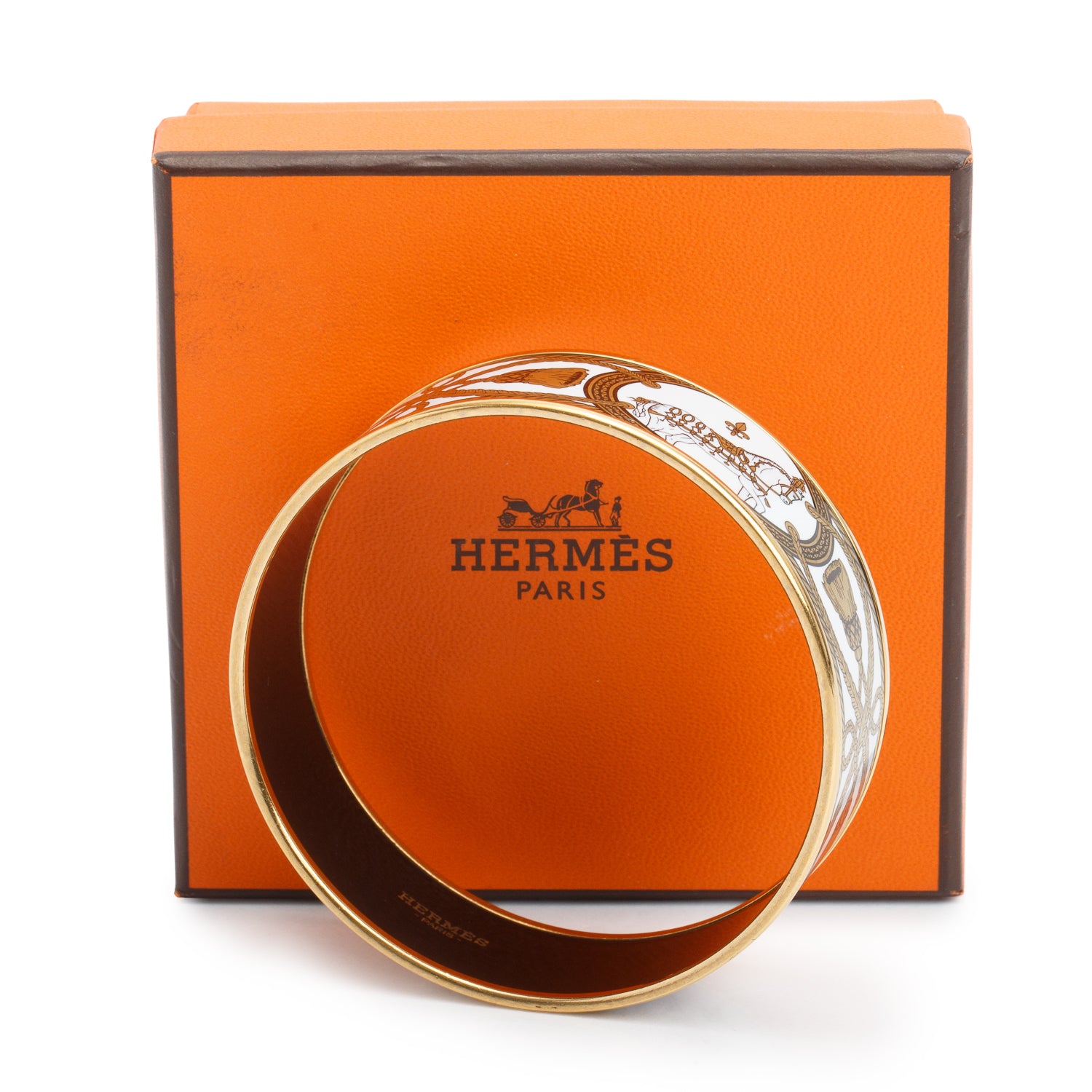 Hermes Gold-Plated White Grand Apparat Enamel Wide Bangle w/ Box