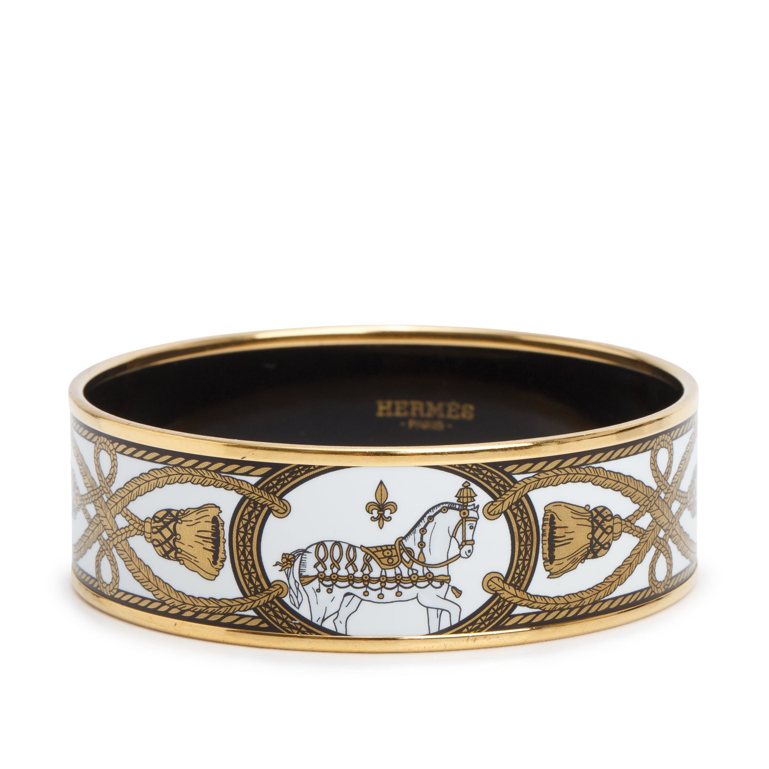 Hermes Gold-Plated White Grand Apparat Enamel Wide Bangle w/ Box