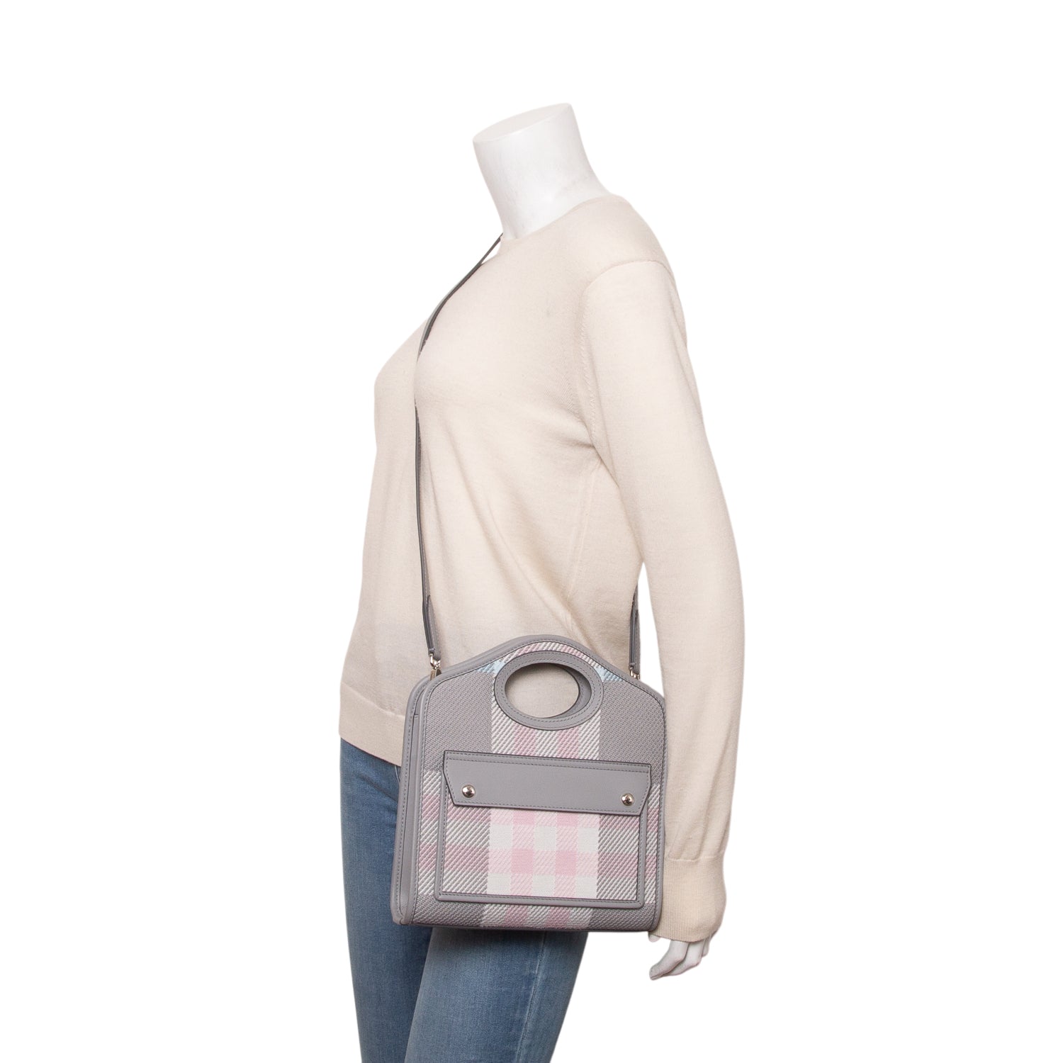 Burberry Grey Canvas Calfskin Check Mini Pocket Bag w/ Strap