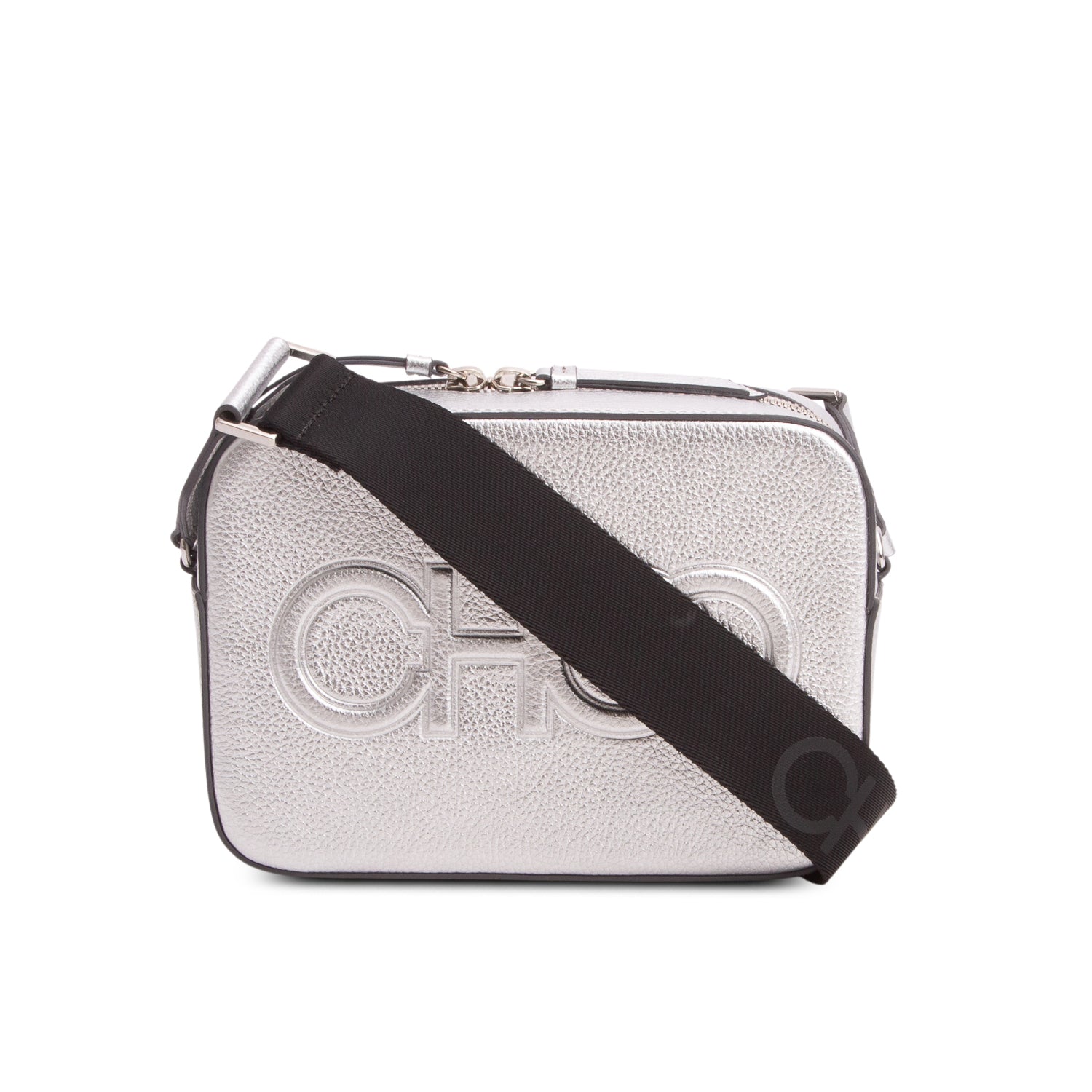 Jimmy Choo Silver Calfskin Embossed Balti Camera Crossbody Bag w/ Authenticity Card