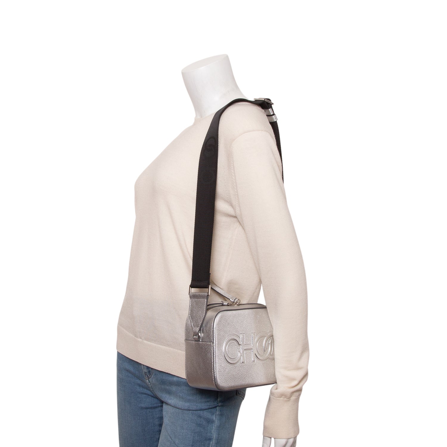 Jimmy Choo Silver Calfskin Embossed Balti Camera Crossbody Bag w/ Authenticity Card