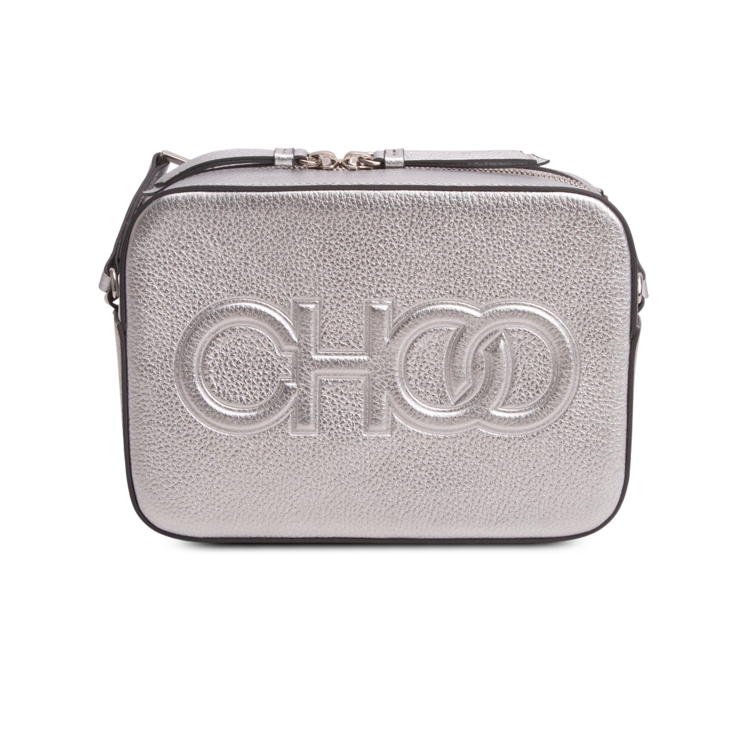 Jimmy Choo Silver Calfskin Embossed Balti Camera Crossbody Bag w/ Authenticity Card