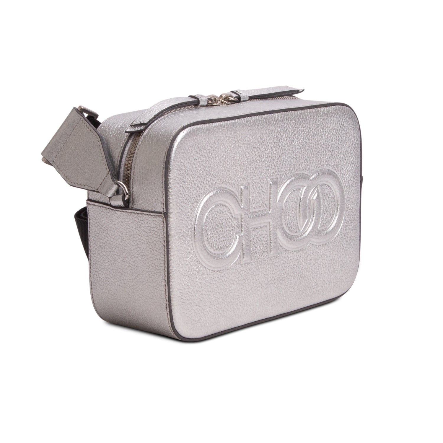 Jimmy Choo Silver Calfskin Embossed Balti Camera Crossbody Bag w/ Authenticity Card