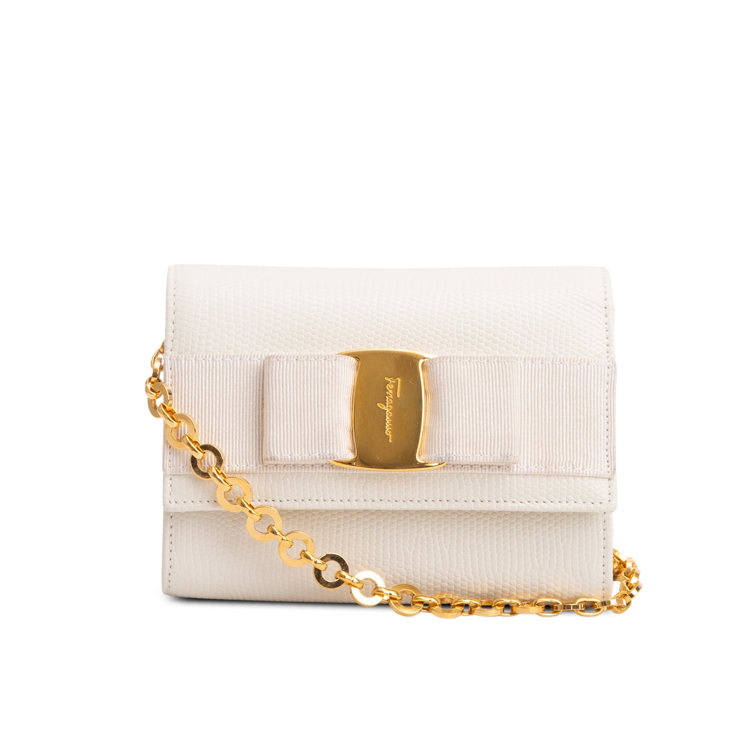 Ferragamo White Embossed Leather Mini Vara Bow Crossbody Bag