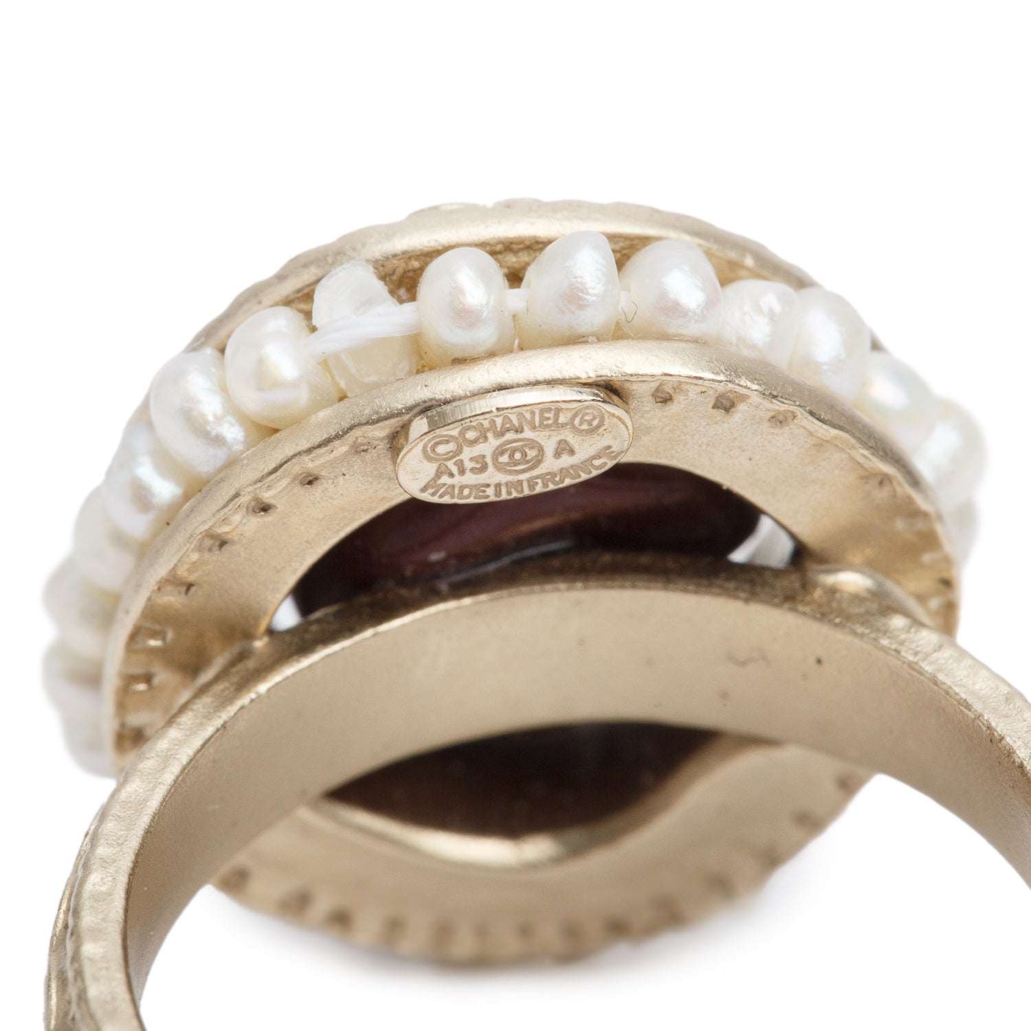 Chanel Gold Plated Faux Pearl & Resin CC Logo Ring, Size 6 w/ Box