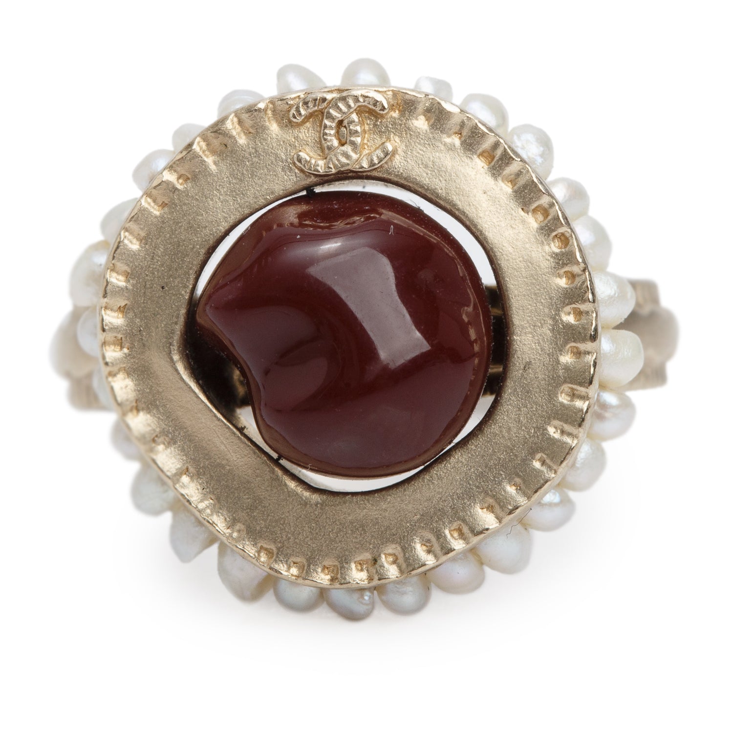 Chanel Gold Plated Faux Pearl & Resin CC Logo Ring, Size 6 w/ Box