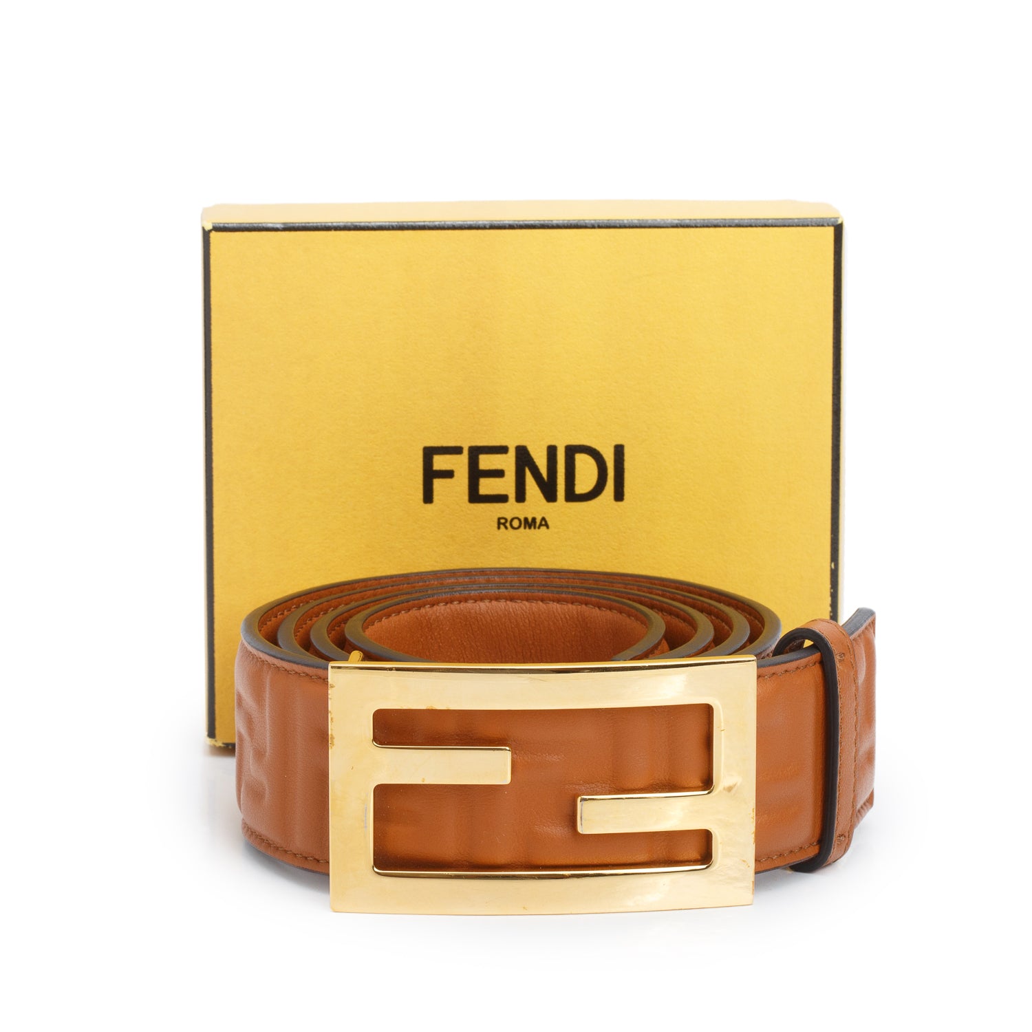 Fendi Brown Vitello Leather Embossed FF Belt w/ Box