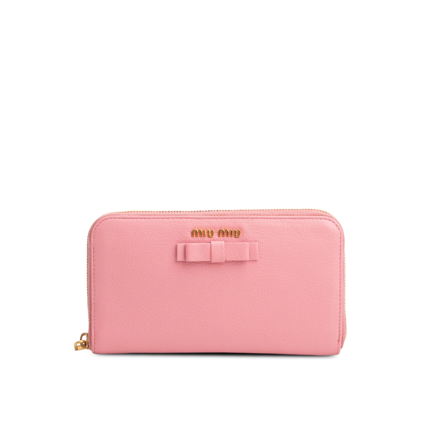 Miu Miu Pink Grained Calfskin Leather Bow Zip Around Wallet