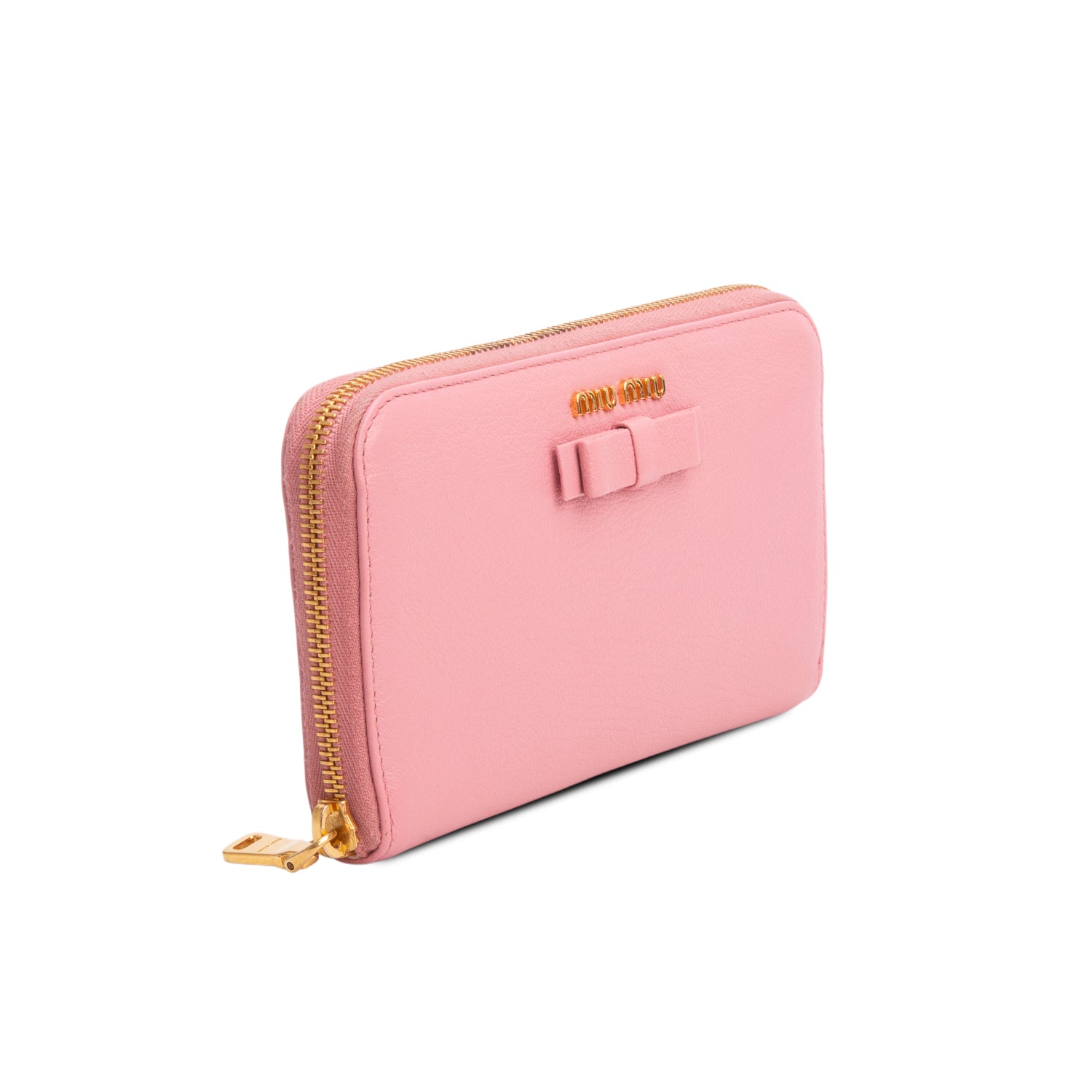 Miu Miu Pink Grained Calfskin Leather Bow Zip Around Wallet
