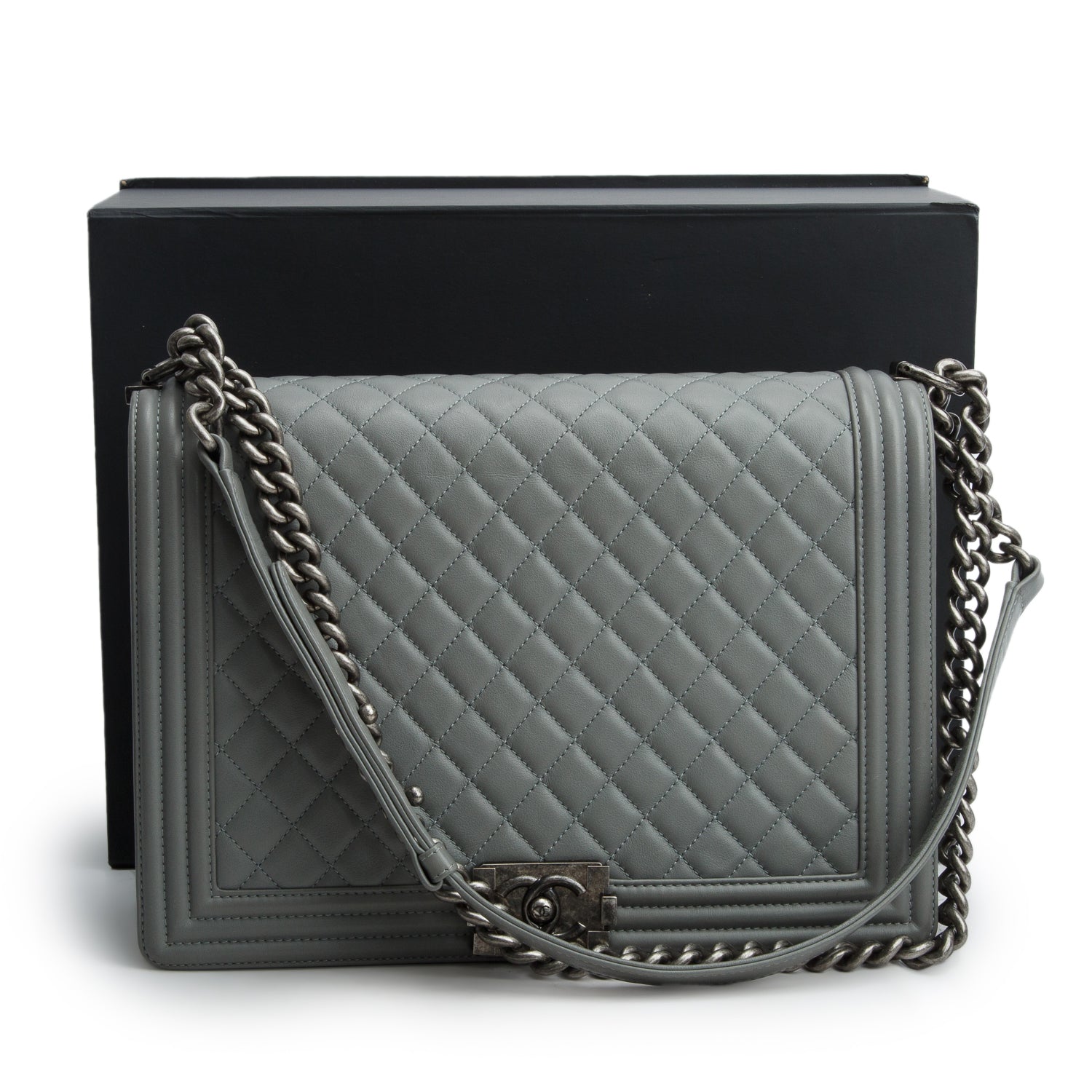 Chanel Grey Lambskin Quilted Leather Boy XL Bag w/ Box & Authenticity Card
