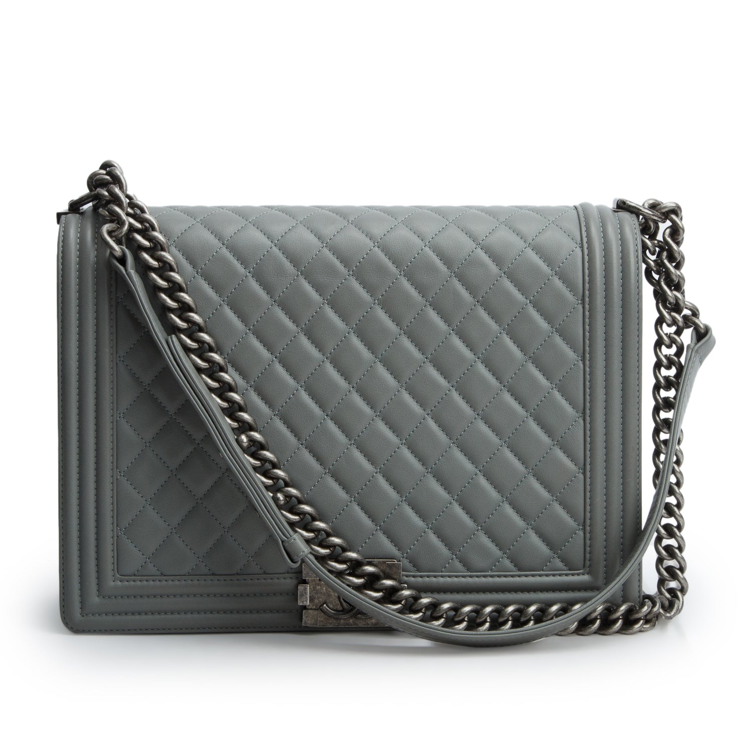 Chanel Grey Lambskin Quilted Leather Boy XL Bag w/ Box & Authenticity Card