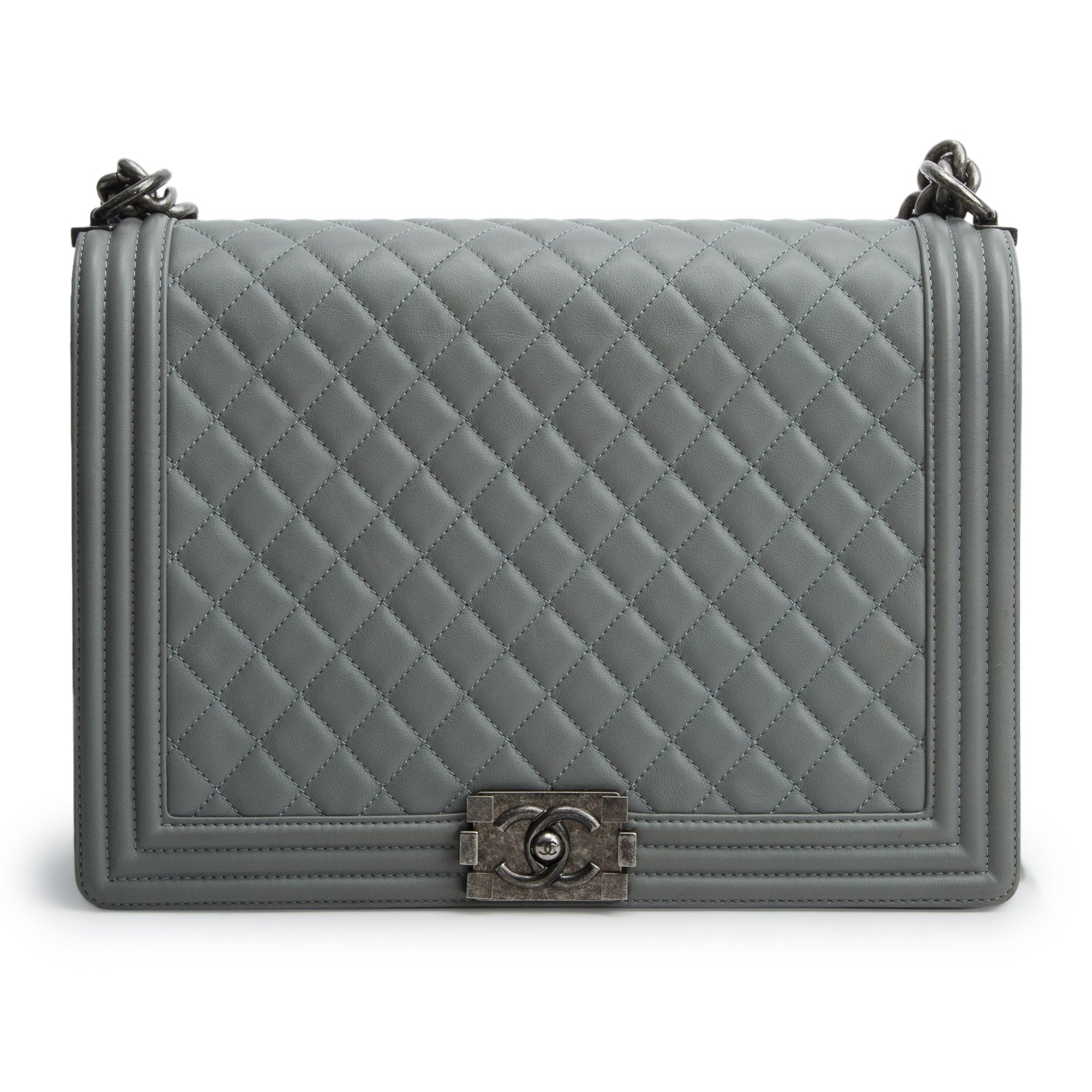 Chanel Grey Lambskin Quilted Leather Boy XL Bag w/ Box & Authenticity Card