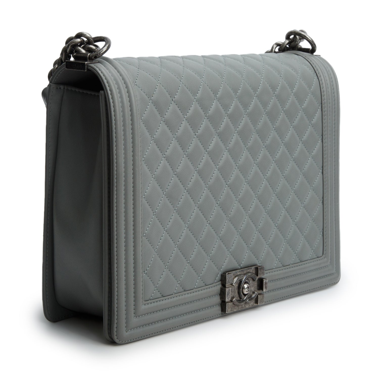 Chanel Grey Lambskin Quilted Leather Boy XL Bag w/ Box & Authenticity Card