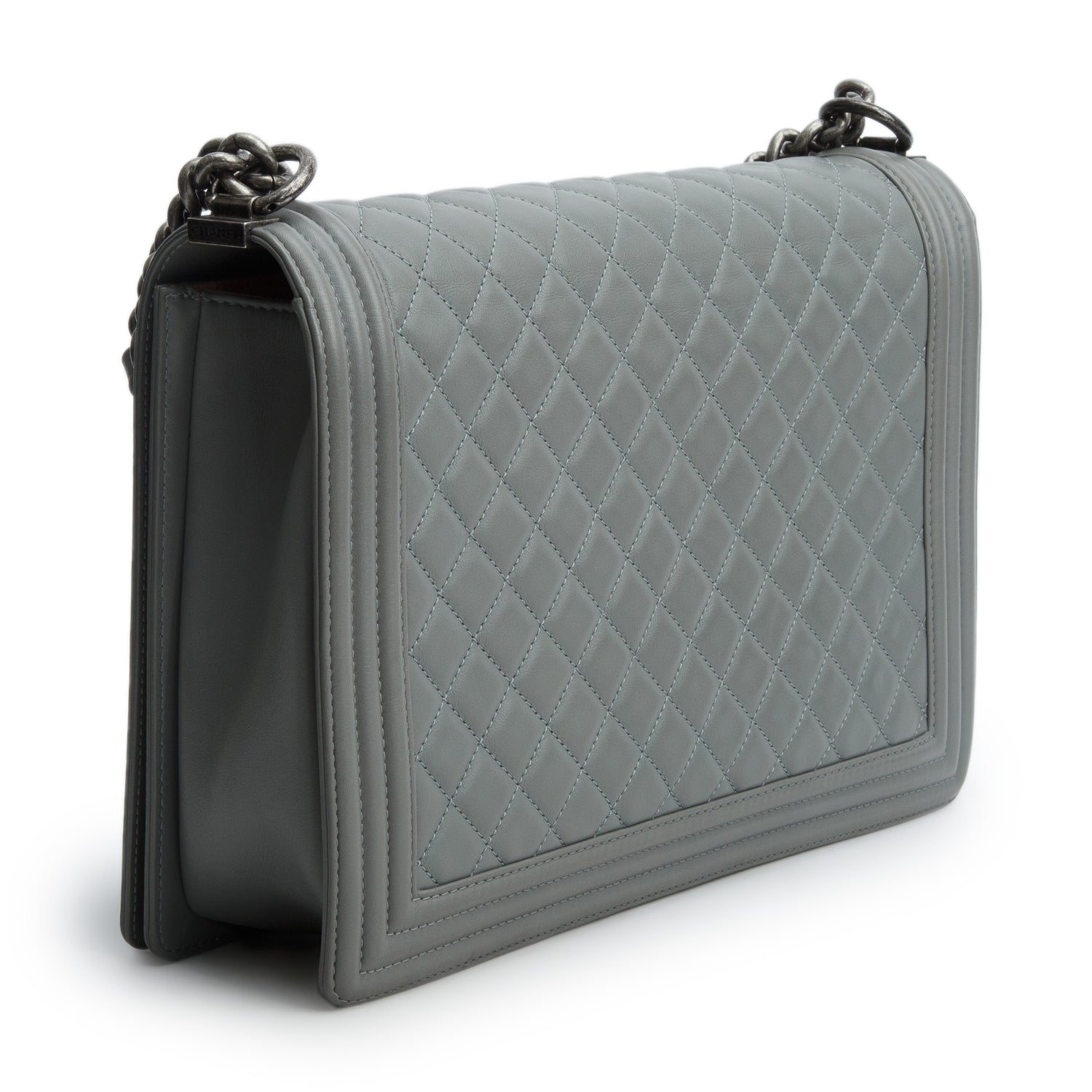 Chanel Grey Lambskin Quilted Leather Boy XL Bag w/ Box & Authenticity Card
