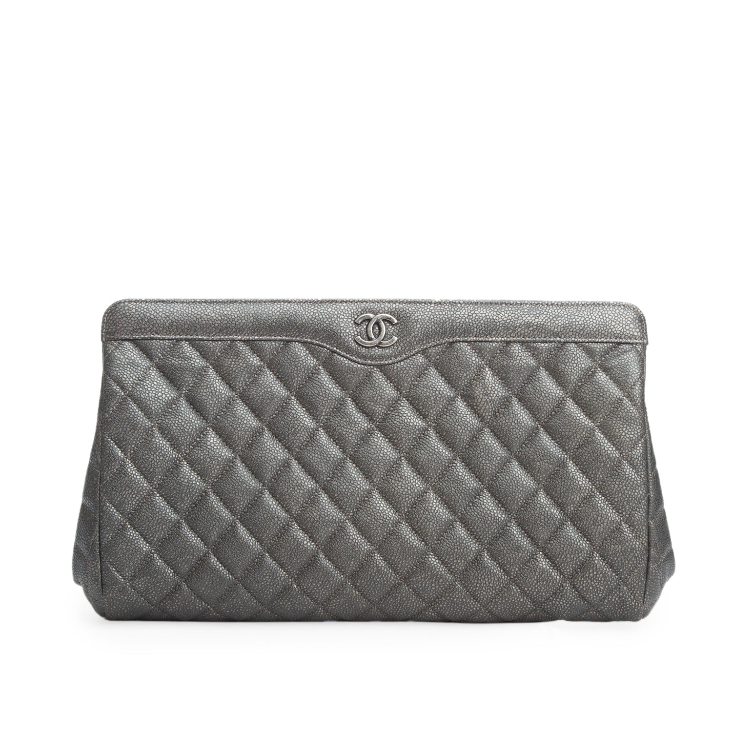 Chanel Grey Caviar Quilted Leather In Story Clutch w/ Authenticity Card
