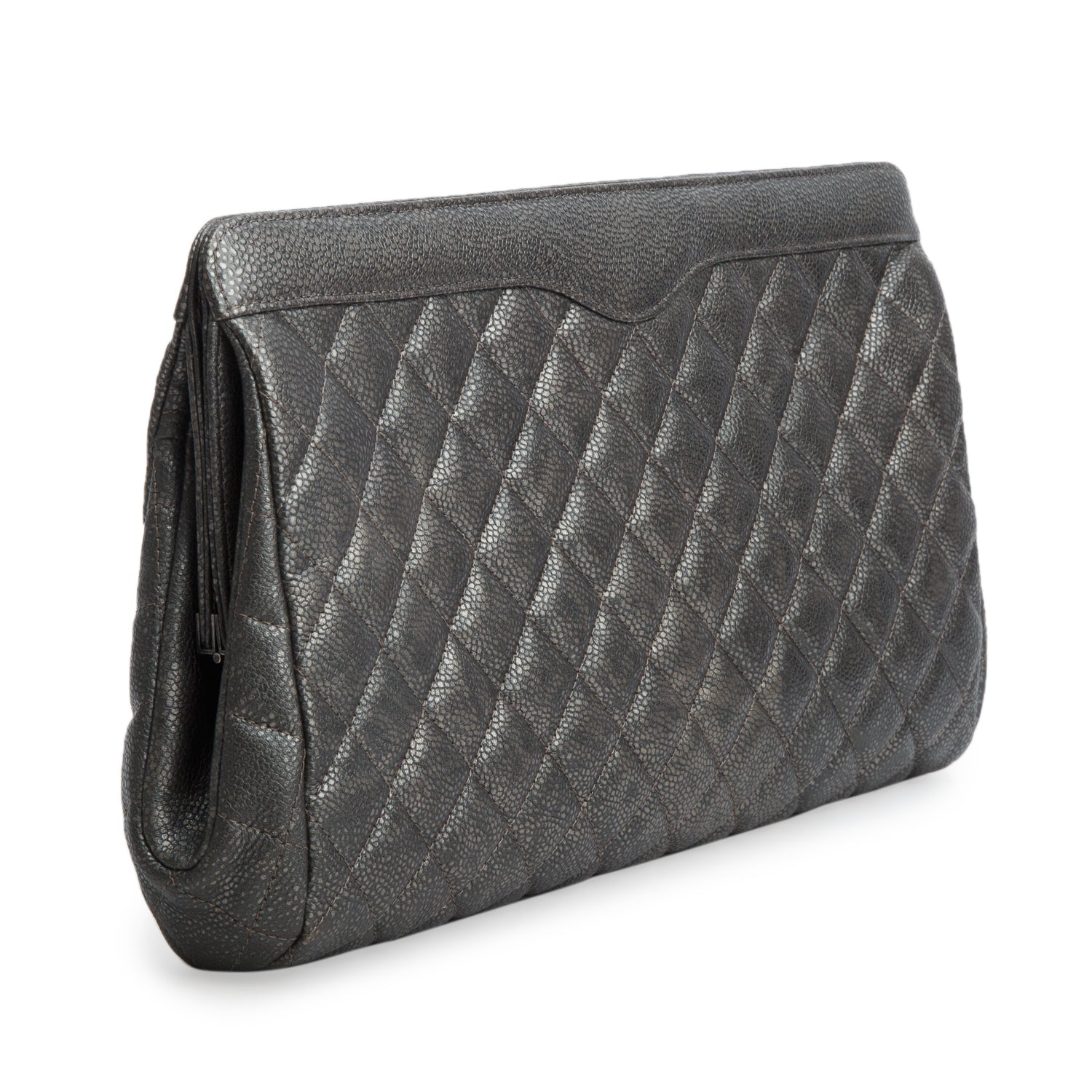 Chanel Grey Caviar Quilted Leather In Story Clutch w/ Authenticity Card