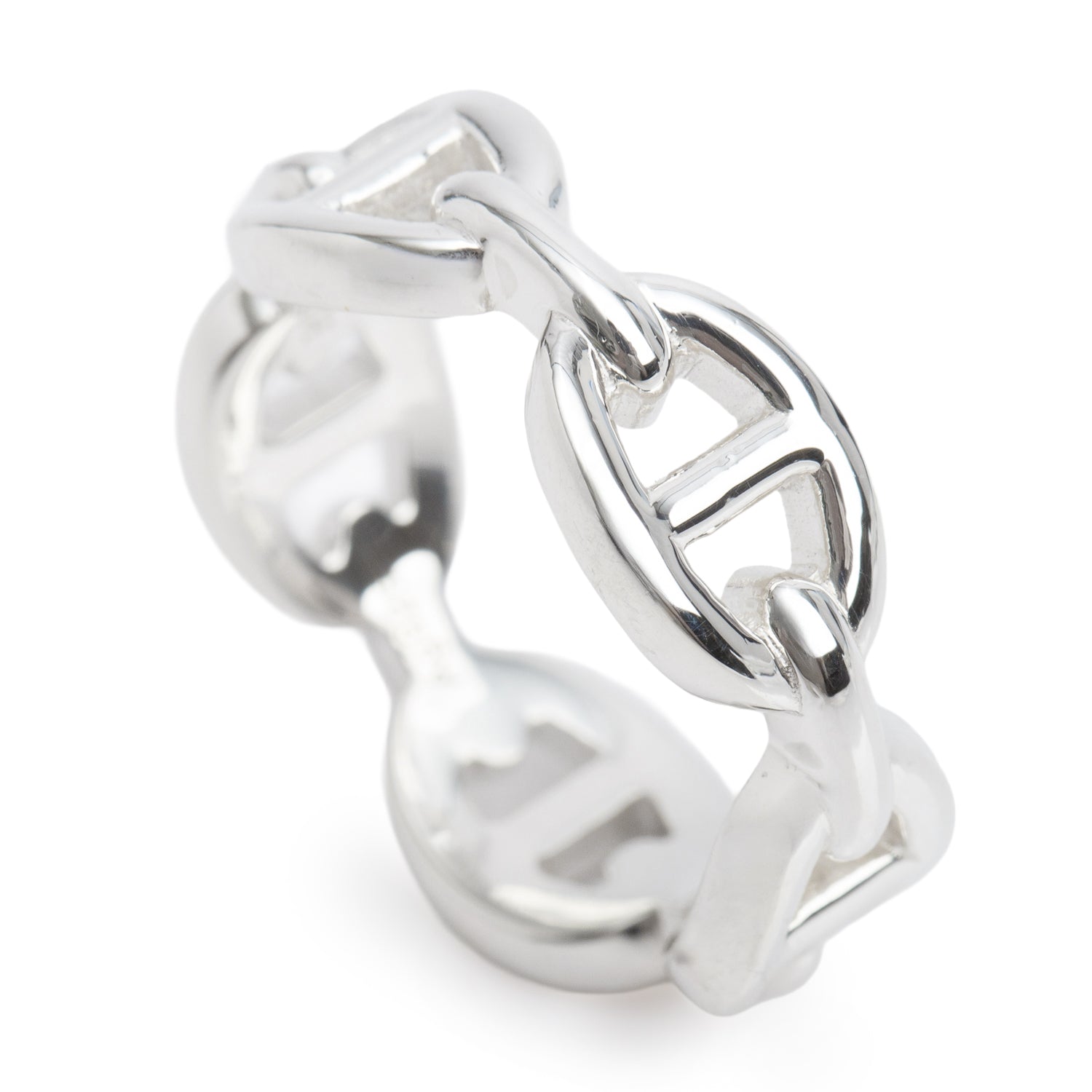 Hermes Sterling Silver Chaine D'Ancre Enchainee Ring, Small Model, Size 54 6.75 w/ Box