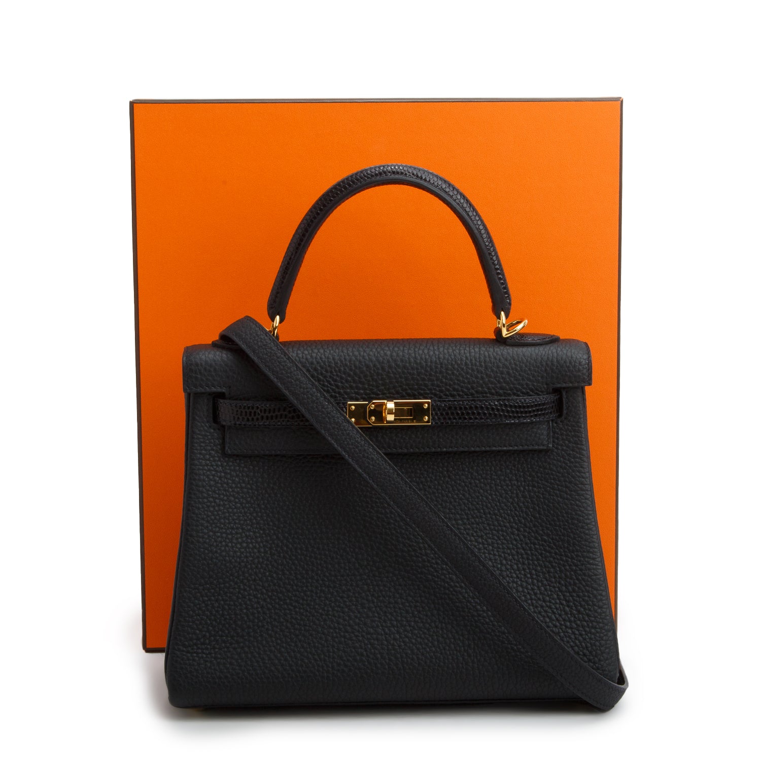 Hermes 2021 Noir Togo Lizard Kelly Touch II Retourne 25 w/ Box & Strap