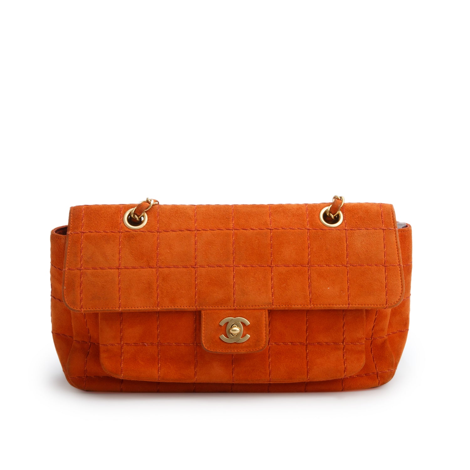 Chanel Orange Suede Square Quilted Flap w/ Authenticity Card
