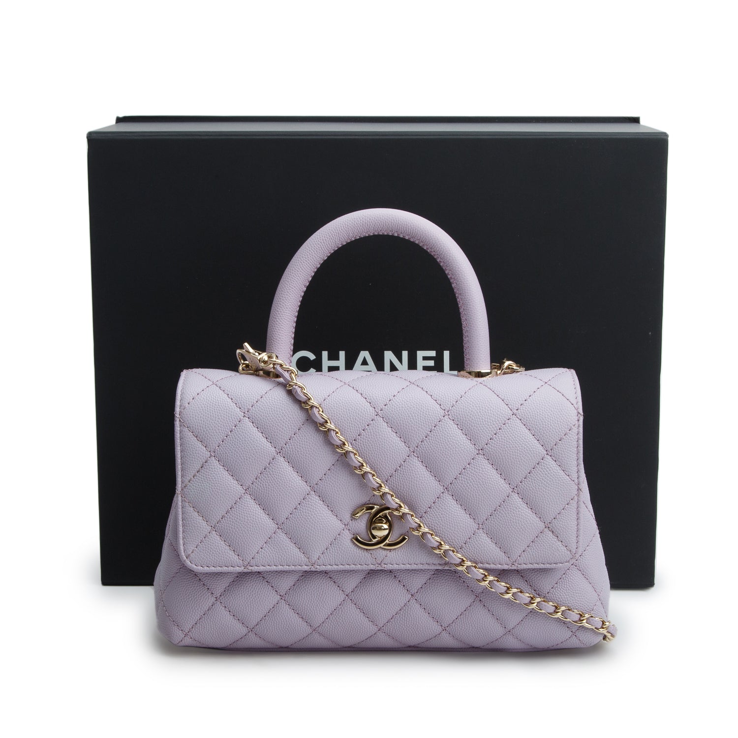 Chanel Purple Caviar Quilted Mini Coco Top Handle Flap Bag w/ Box