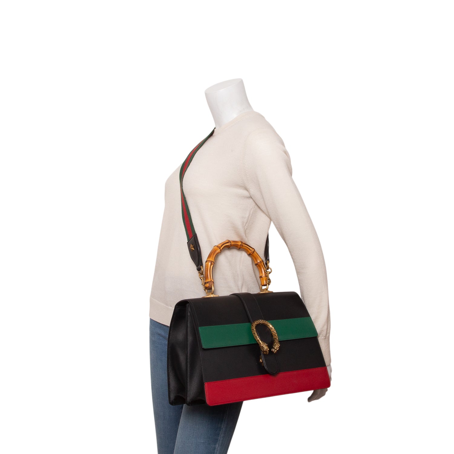 Gucci Black Calfskin Bamboo Web Large Dionysus Top Handle Bag w/ Straps