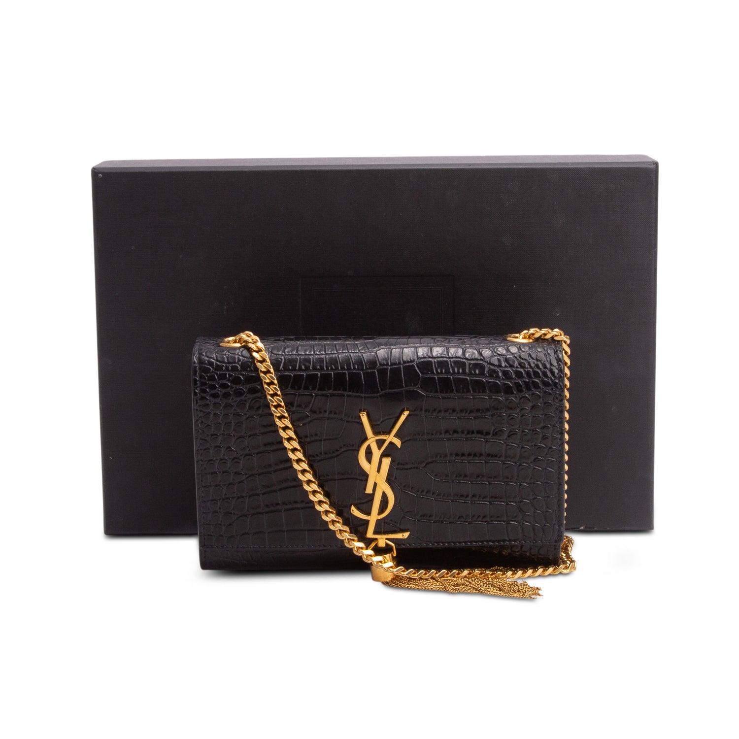 Saint Laurent Black Croc-Embossed Leather Small Classic Monogram Kate Tassel Chain Bag w/ Box & Receipt