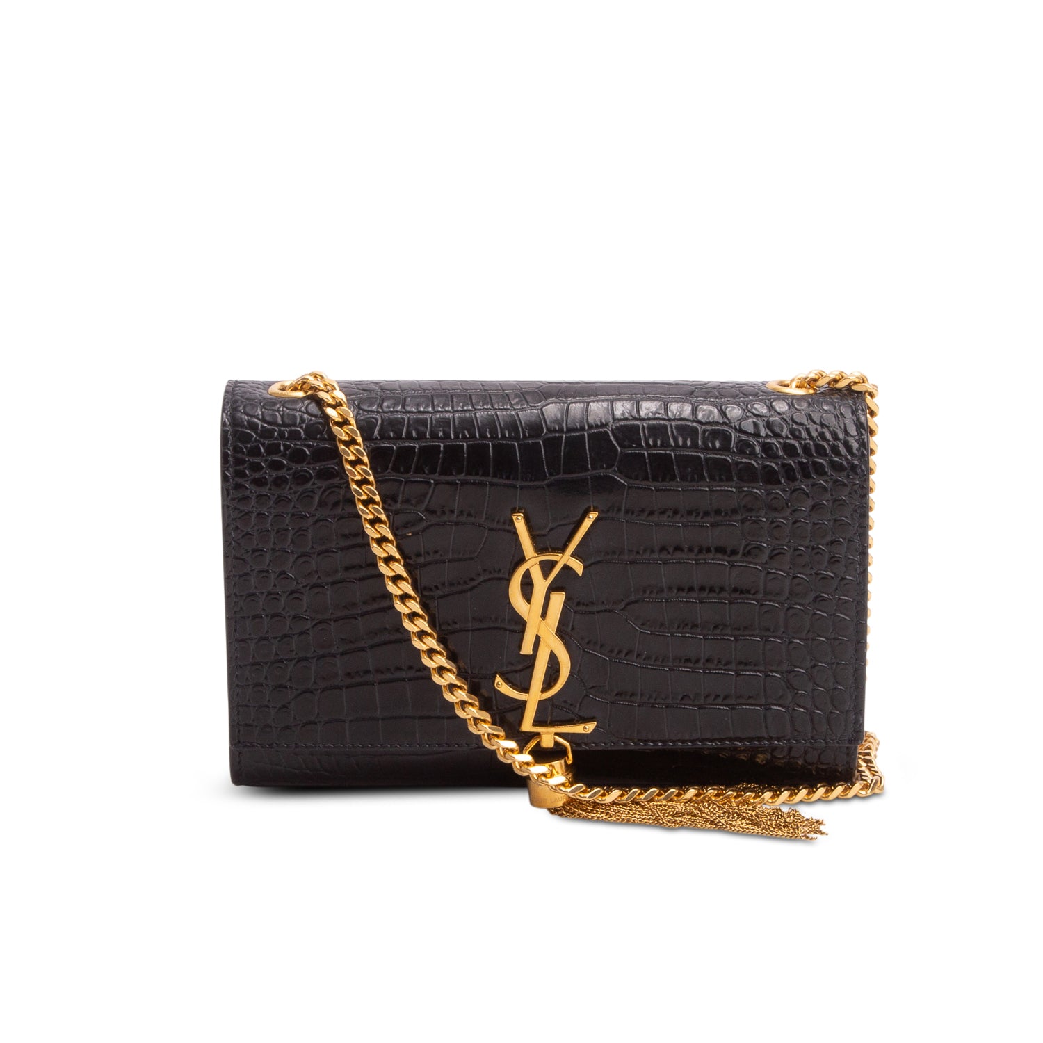 Saint Laurent Black Croc-Embossed Leather Small Classic Monogram Kate Tassel Chain Bag w/ Box & Receipt