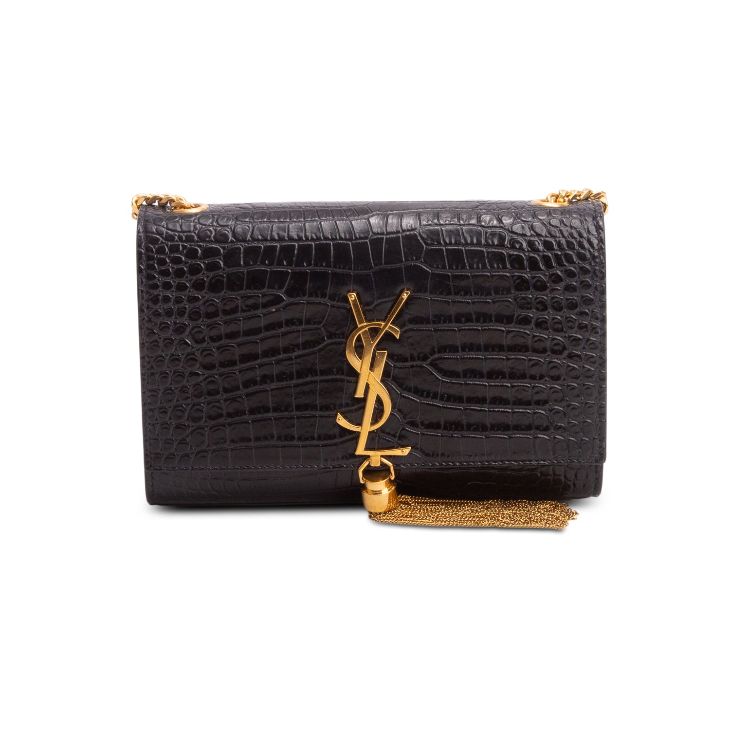 Saint Laurent Black Croc-Embossed Leather Small Classic Monogram Kate Tassel Chain Bag w/ Box & Receipt