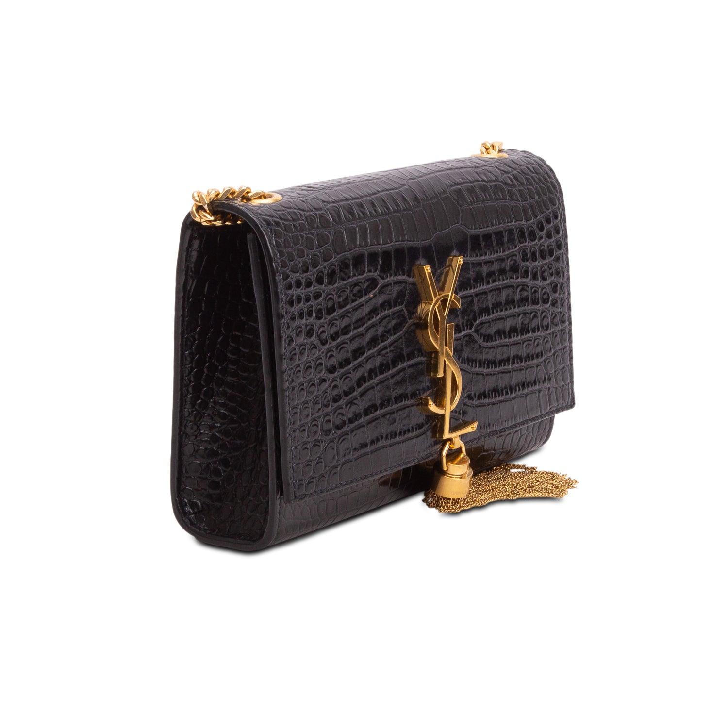Saint Laurent Black Croc-Embossed Leather Small Classic Monogram Kate Tassel Chain Bag w/ Box & Receipt