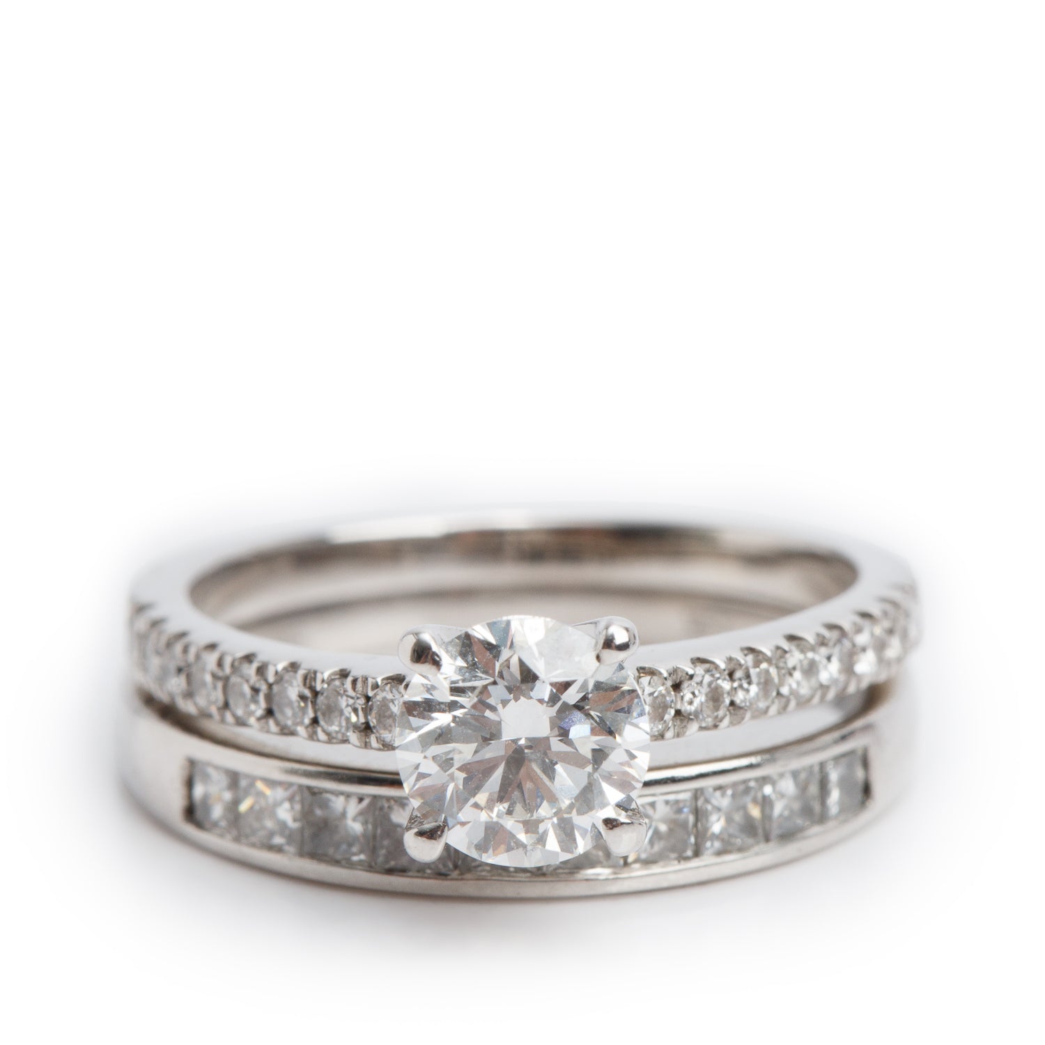 14k White Gold 0.91 ct. Round Cut Diamond Engagement Ring & Half Eternity Band Ring Set, Size 6.5 w/ GIA Certificate