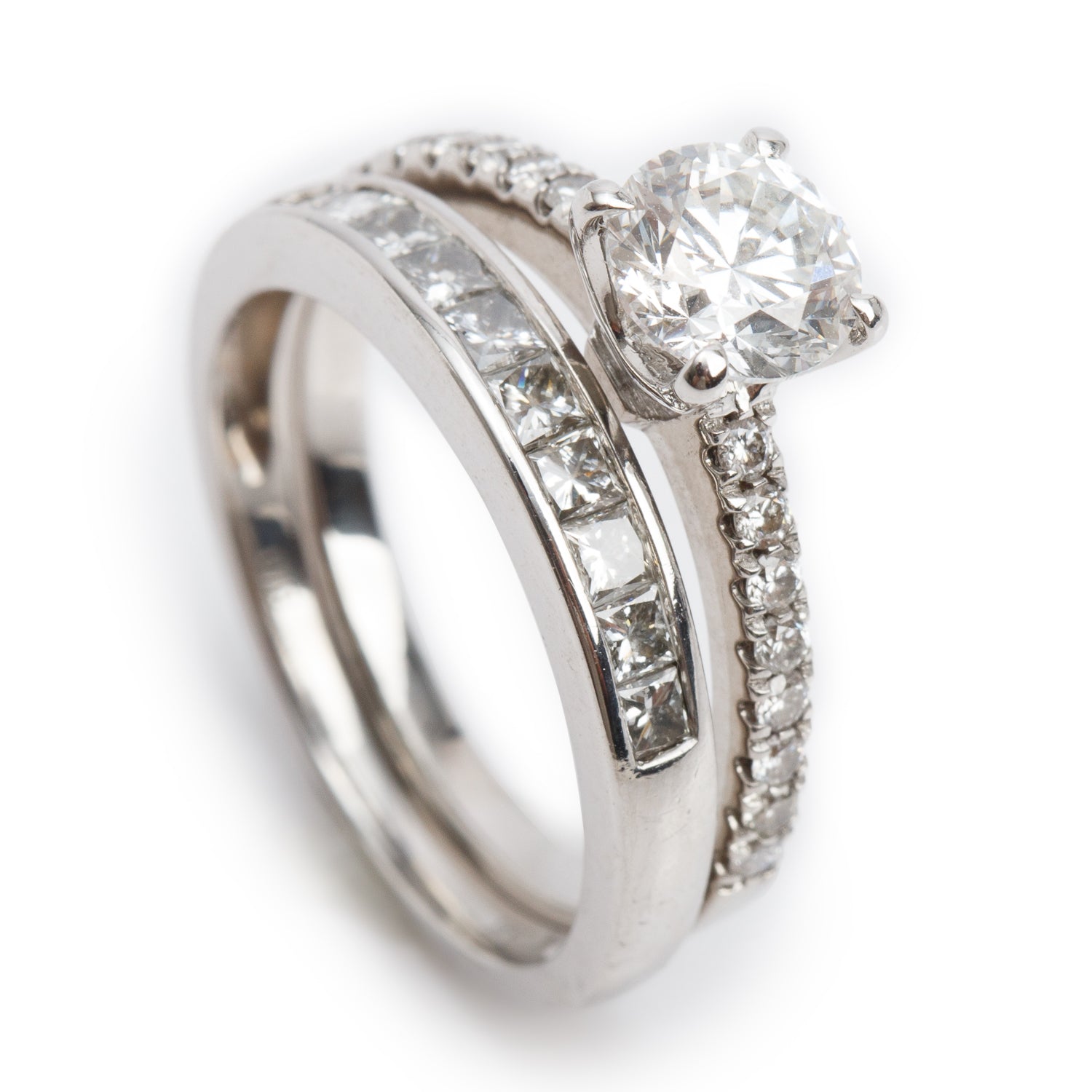14k White Gold 0.91 ct. Round Cut Diamond Engagement Ring & Half Eternity Band Ring Set, Size 6.5 w/ GIA Certificate