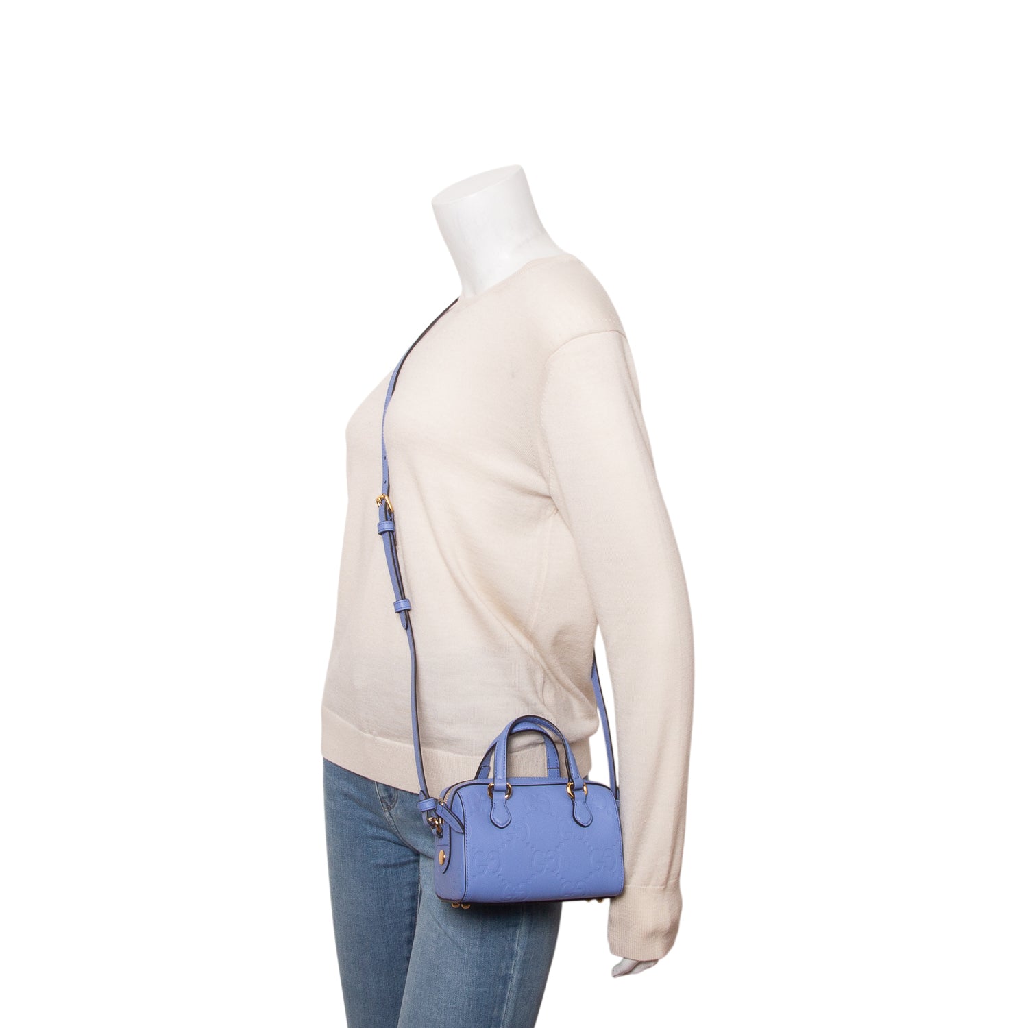 Gucci Blue Calfskin Jumbo GG Embossed Super Mini Top Handle Bowler Bag w/ Strap
