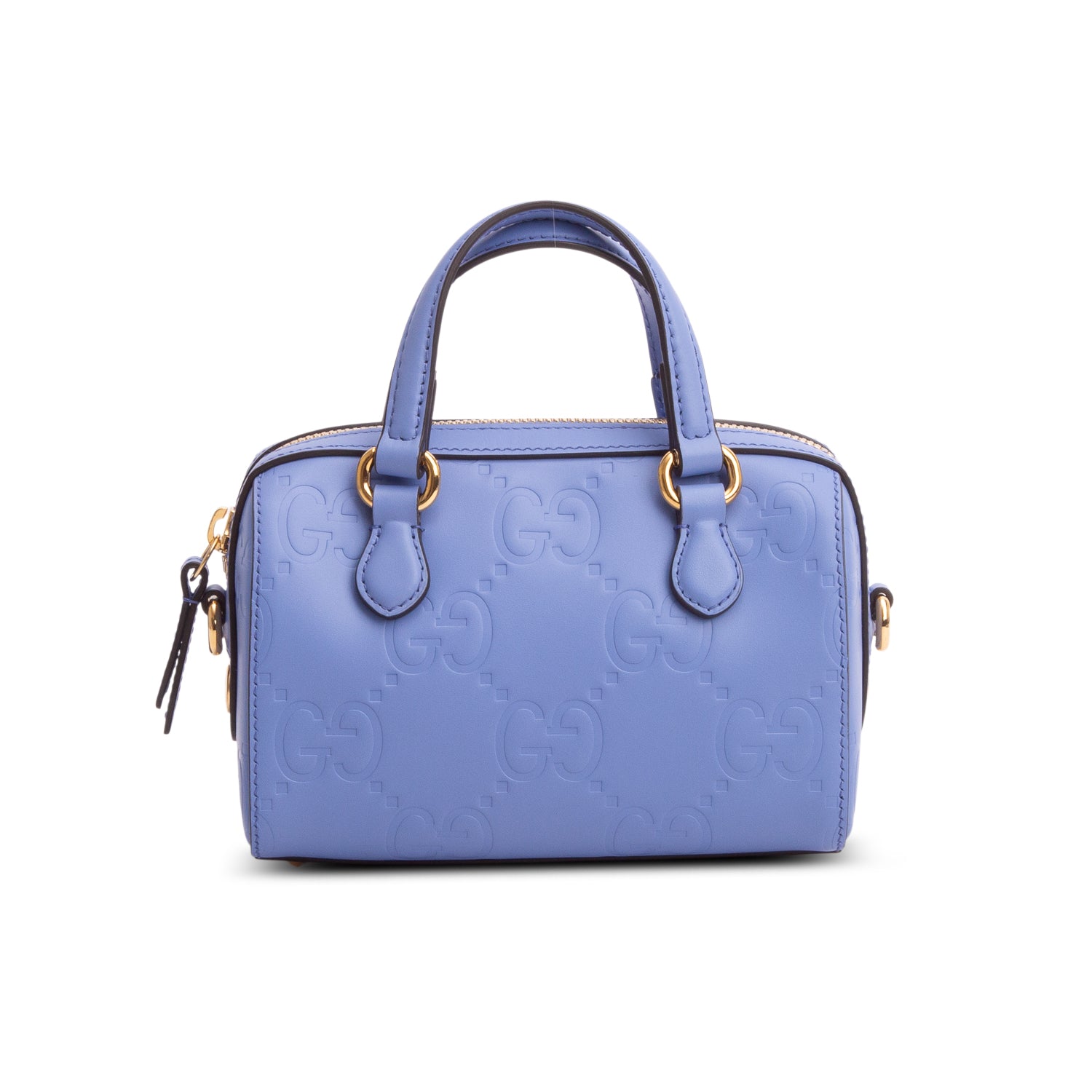 Gucci Blue Calfskin Jumbo GG Embossed Super Mini Top Handle Bowler Bag w/ Strap