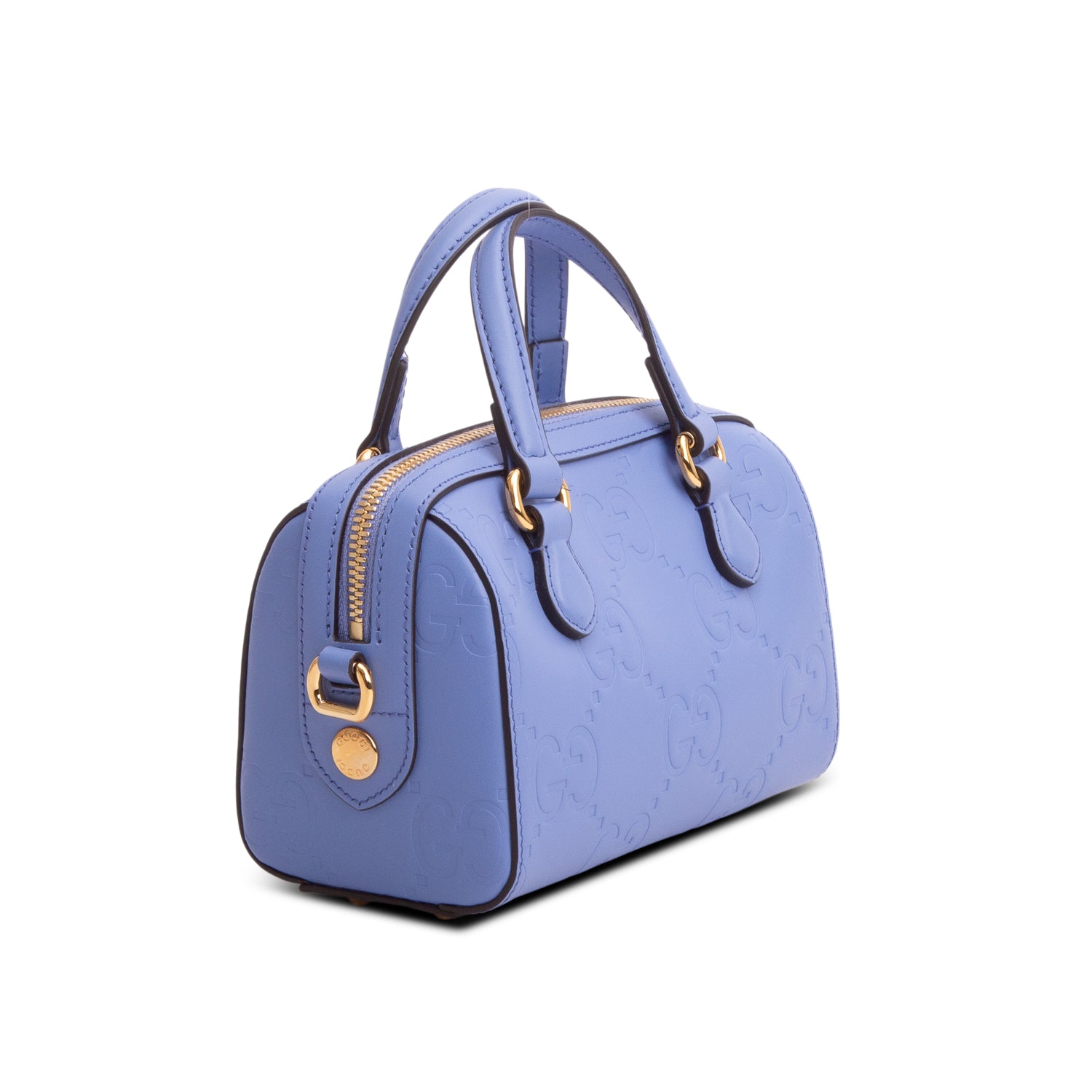 Gucci Blue Calfskin Jumbo GG Embossed Super Mini Top Handle Bowler Bag w/ Strap