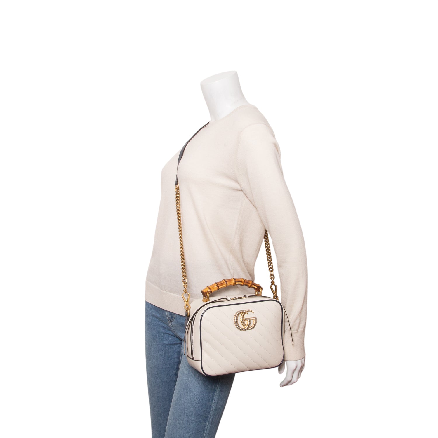 Gucci White Calfskin Matelasse Diagonal Small Torchon GG Marmont Bamboo Top Handle Bag w/ Strap