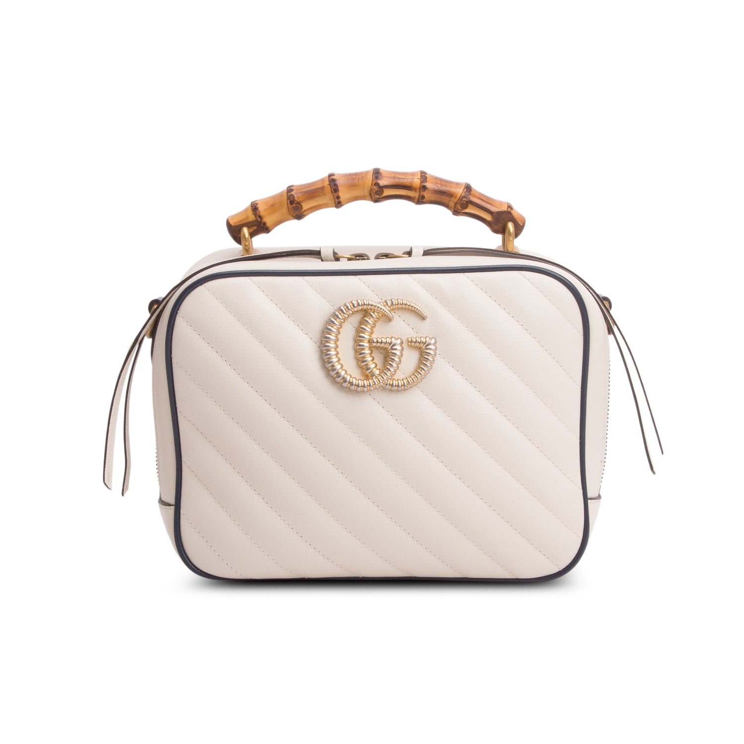 Gucci White Calfskin Matelasse Diagonal Small Torchon GG Marmont Bamboo Top Handle Bag w/ Strap