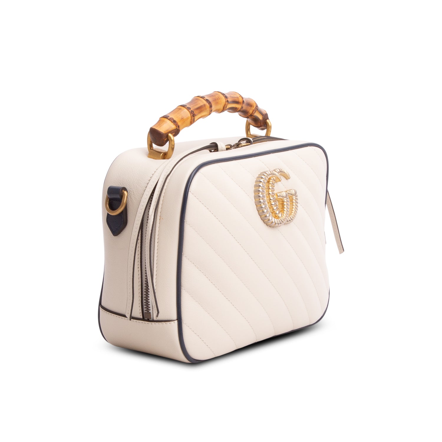 Gucci White Calfskin Matelasse Diagonal Small Torchon GG Marmont Bamboo Top Handle Bag w/ Strap