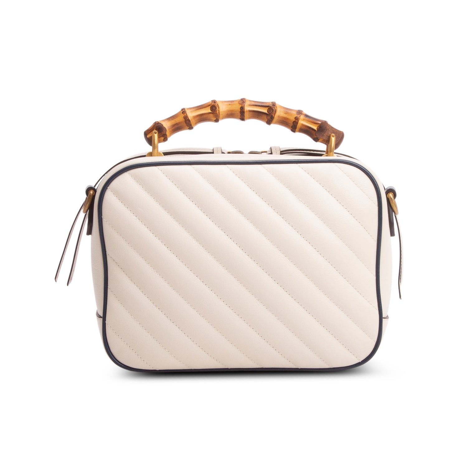 Gucci White Calfskin Matelasse Diagonal Small Torchon GG Marmont Bamboo Top Handle Bag w/ Strap
