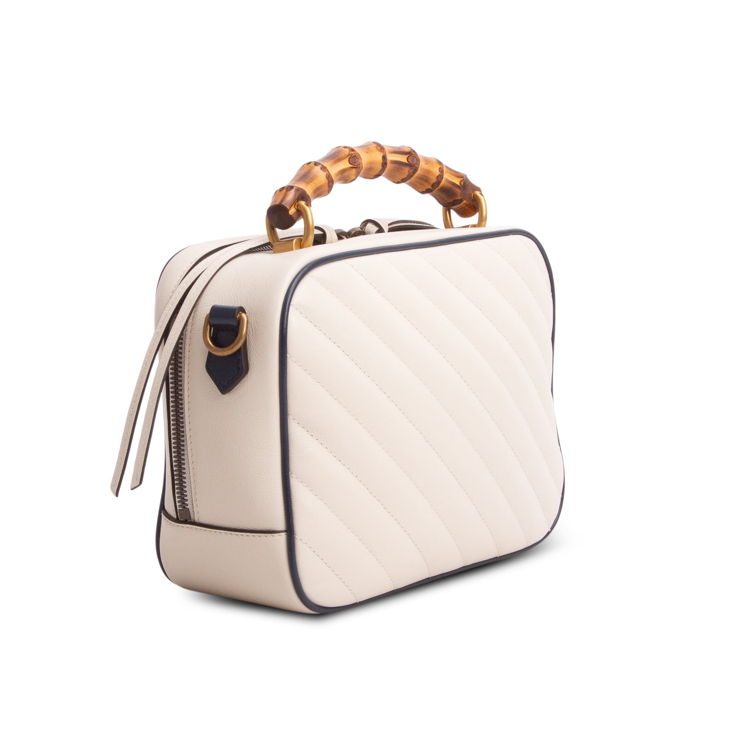Gucci White Calfskin Matelasse Diagonal Small Torchon GG Marmont Bamboo Top Handle Bag w/ Strap