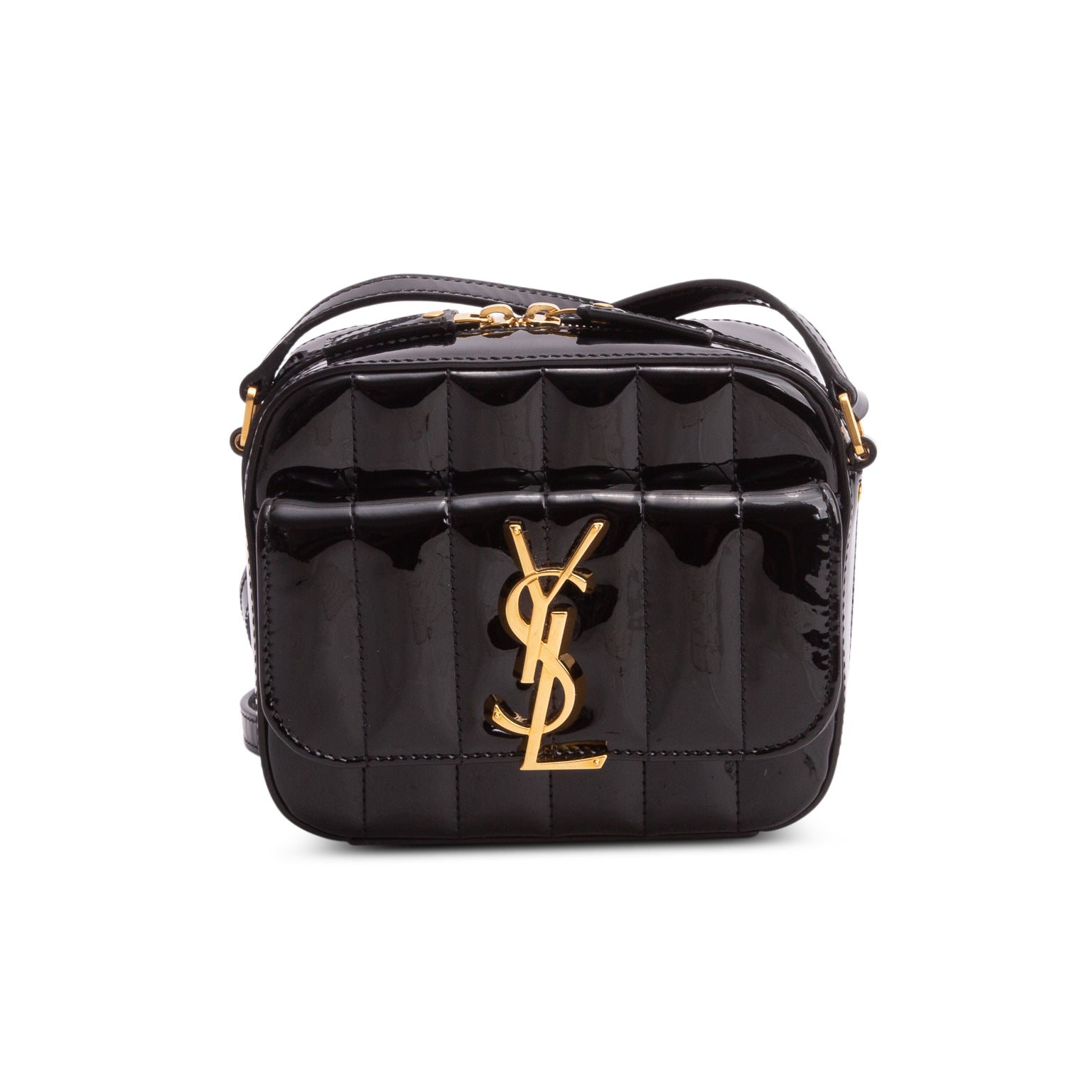Saint Laurent Black Patent Matelasse Monogram Vicky Camera Bag