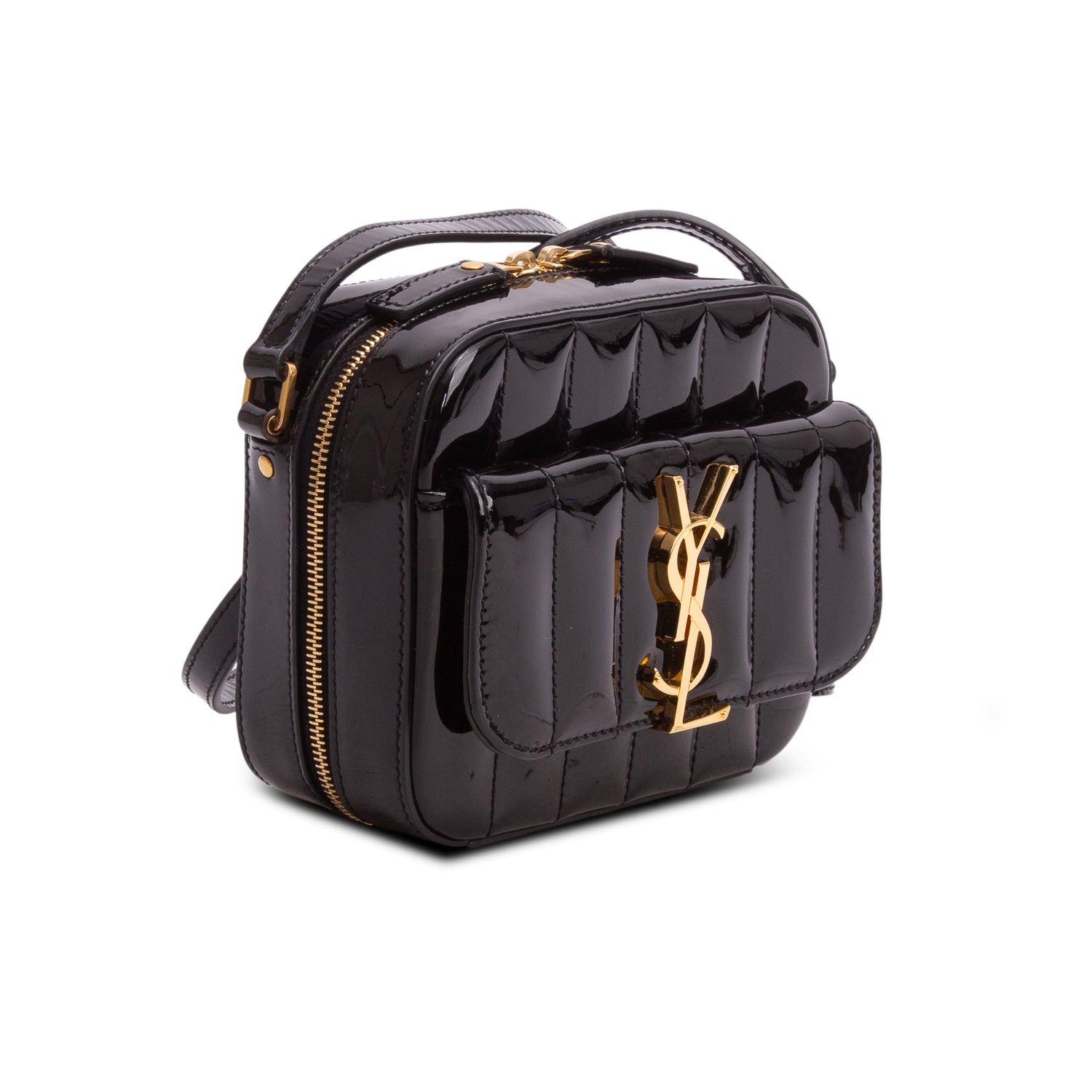 Saint Laurent Black Patent Matelasse Monogram Vicky Camera Bag