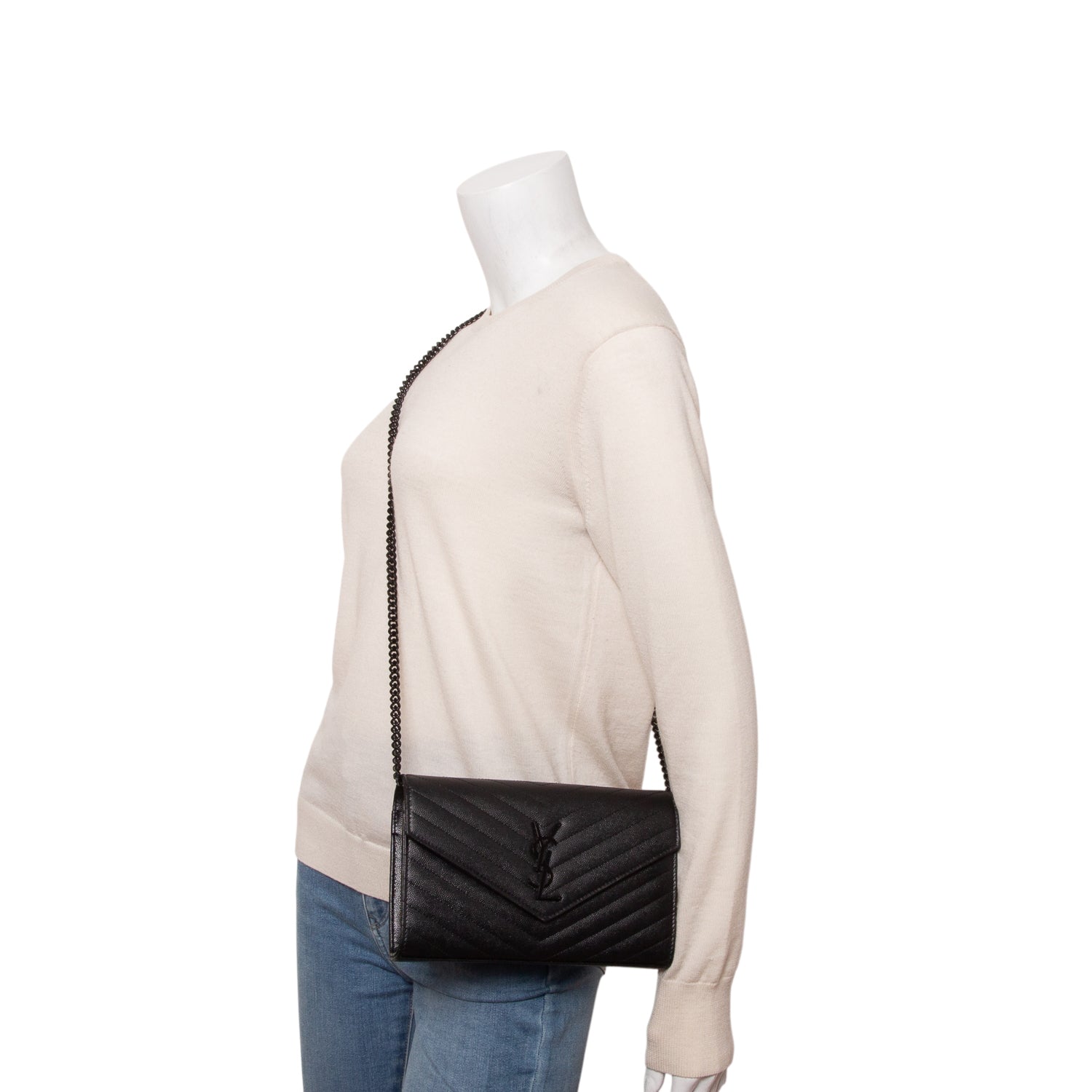 Saint Laurent 2022 So Black Grain De Poudre Matelasse Chevron Monogram Monochrome Envelope Chain Wallet