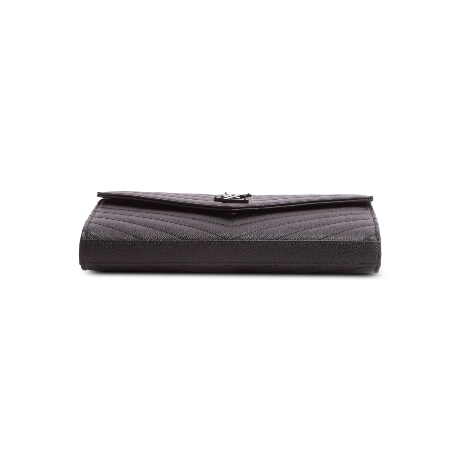 Saint Laurent 2022 So Black Grain De Poudre Matelasse Chevron Monogram Monochrome Envelope Chain Wallet